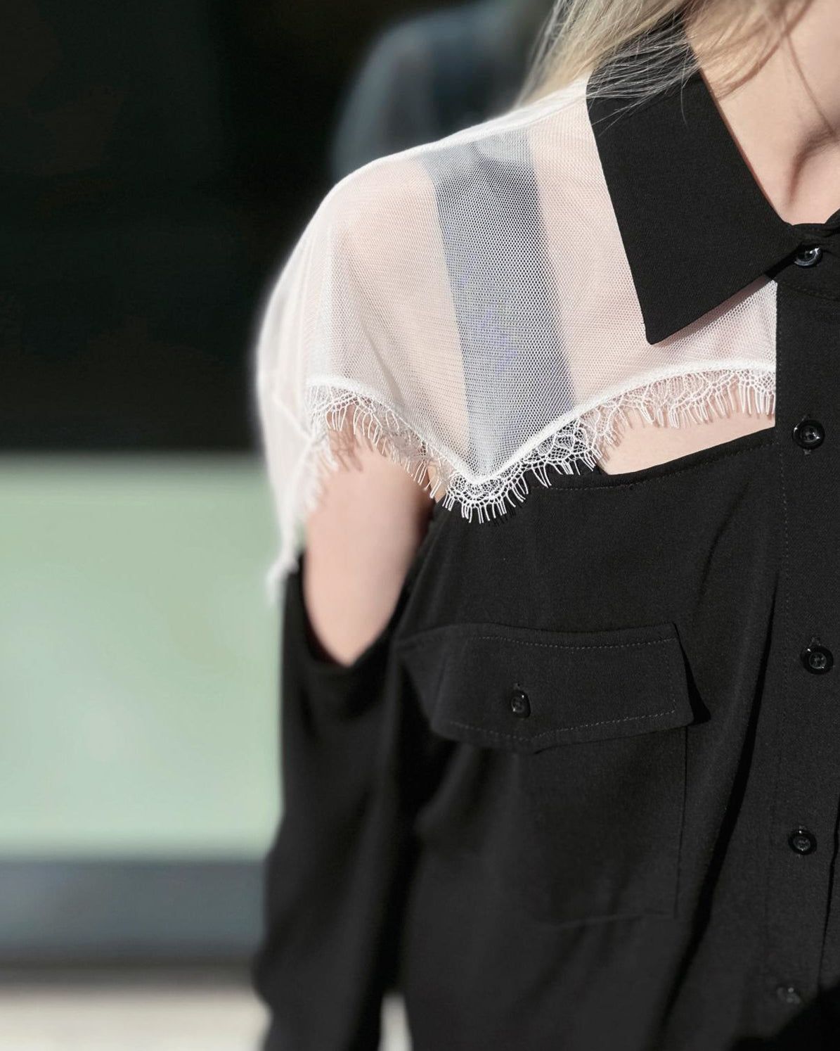 aalis REESE MESH cape panel on shoulder oversized shirt (Black Mix)