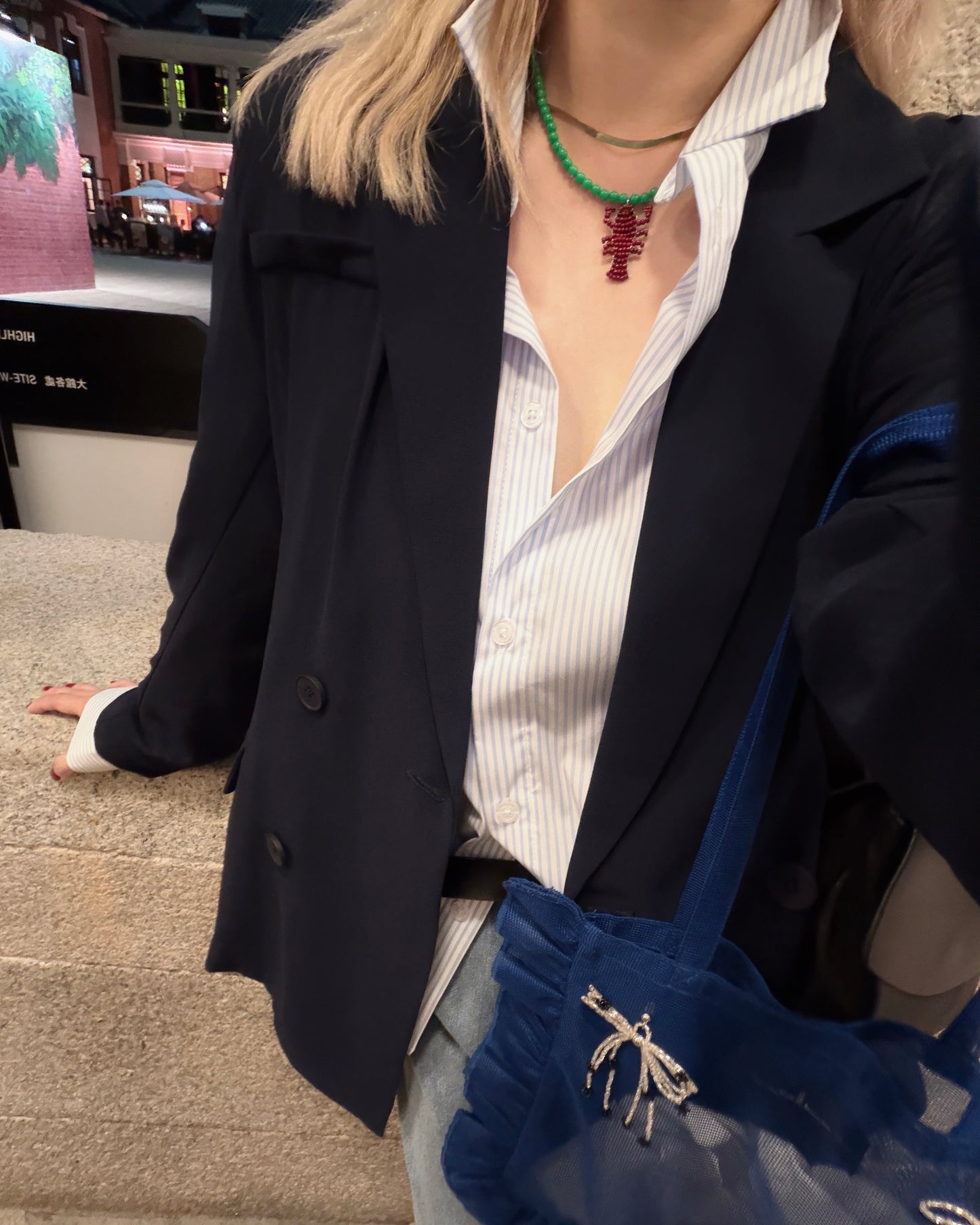 aalis LOVA lace chiffon panel shirt (Blue Stripe)