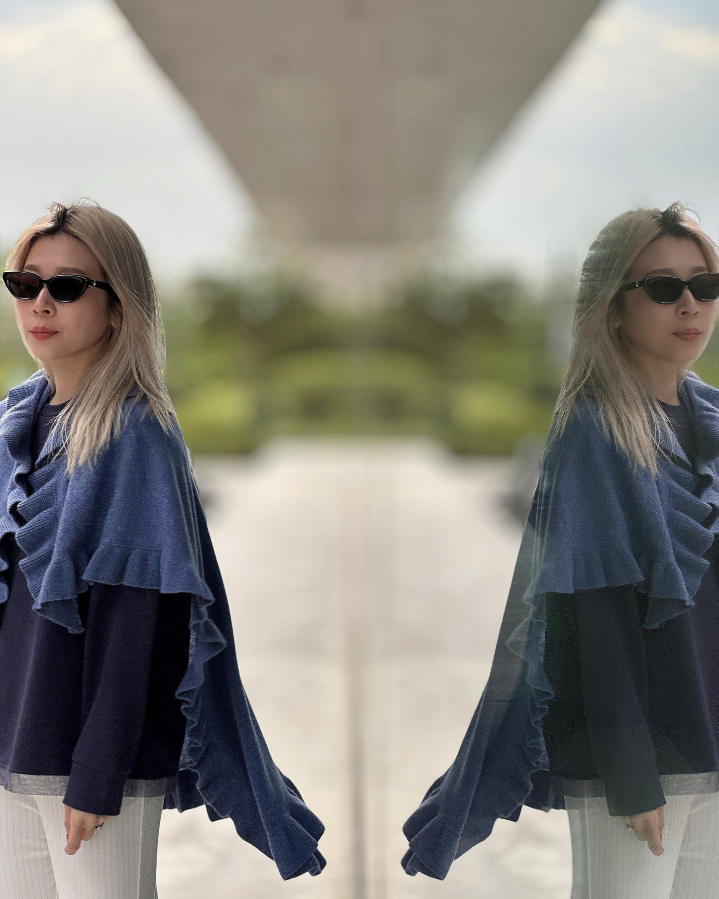 aalis LUCIE FW25 cashmere ruffle hem scarf (Heather Blue)