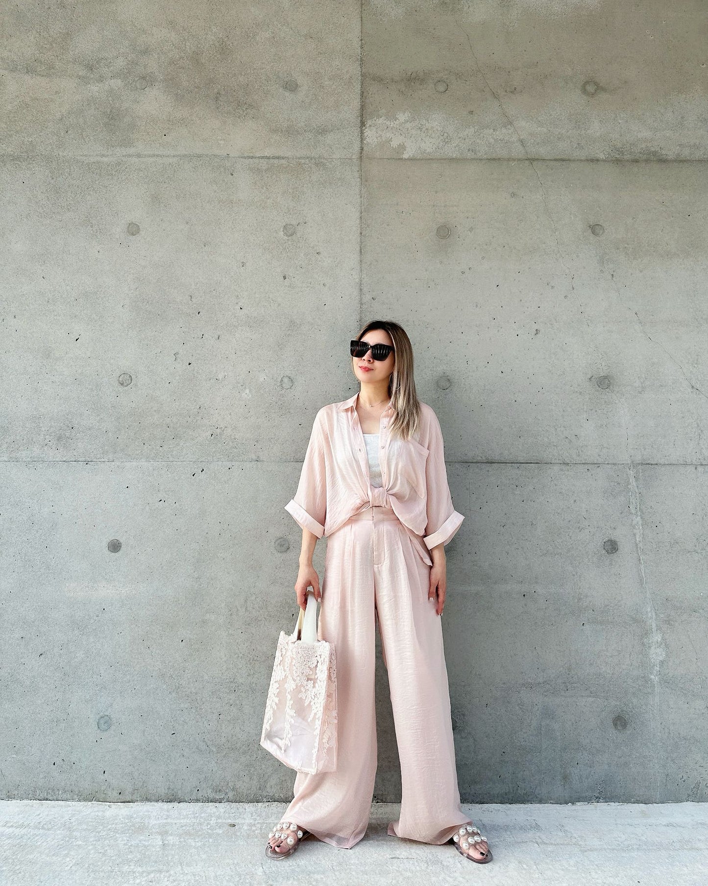 (Pre-order) aalis OSDA flowy semi sheer pants (Light Pink)