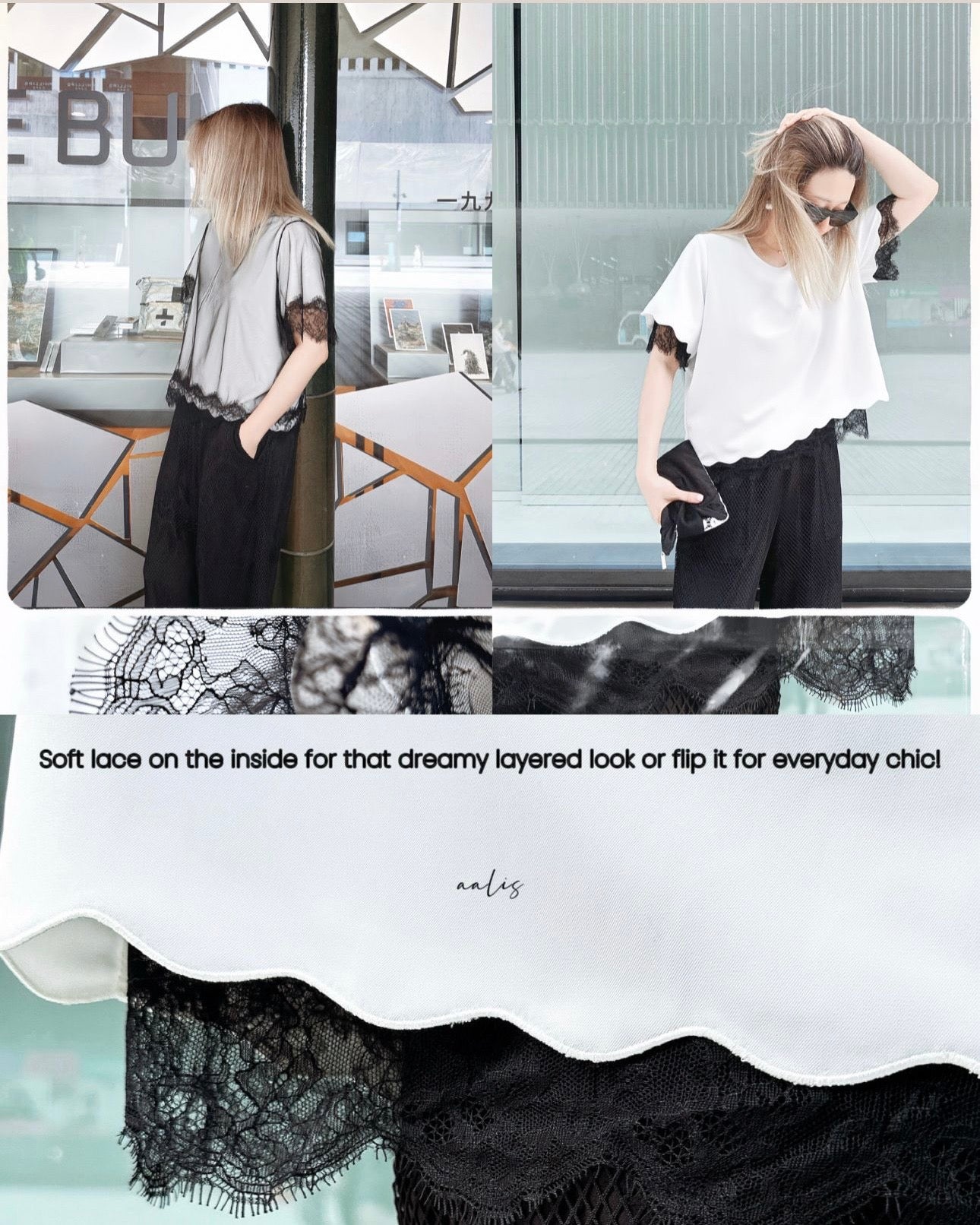aalis ABE SS26 scallop edge lace trim top (White Black)