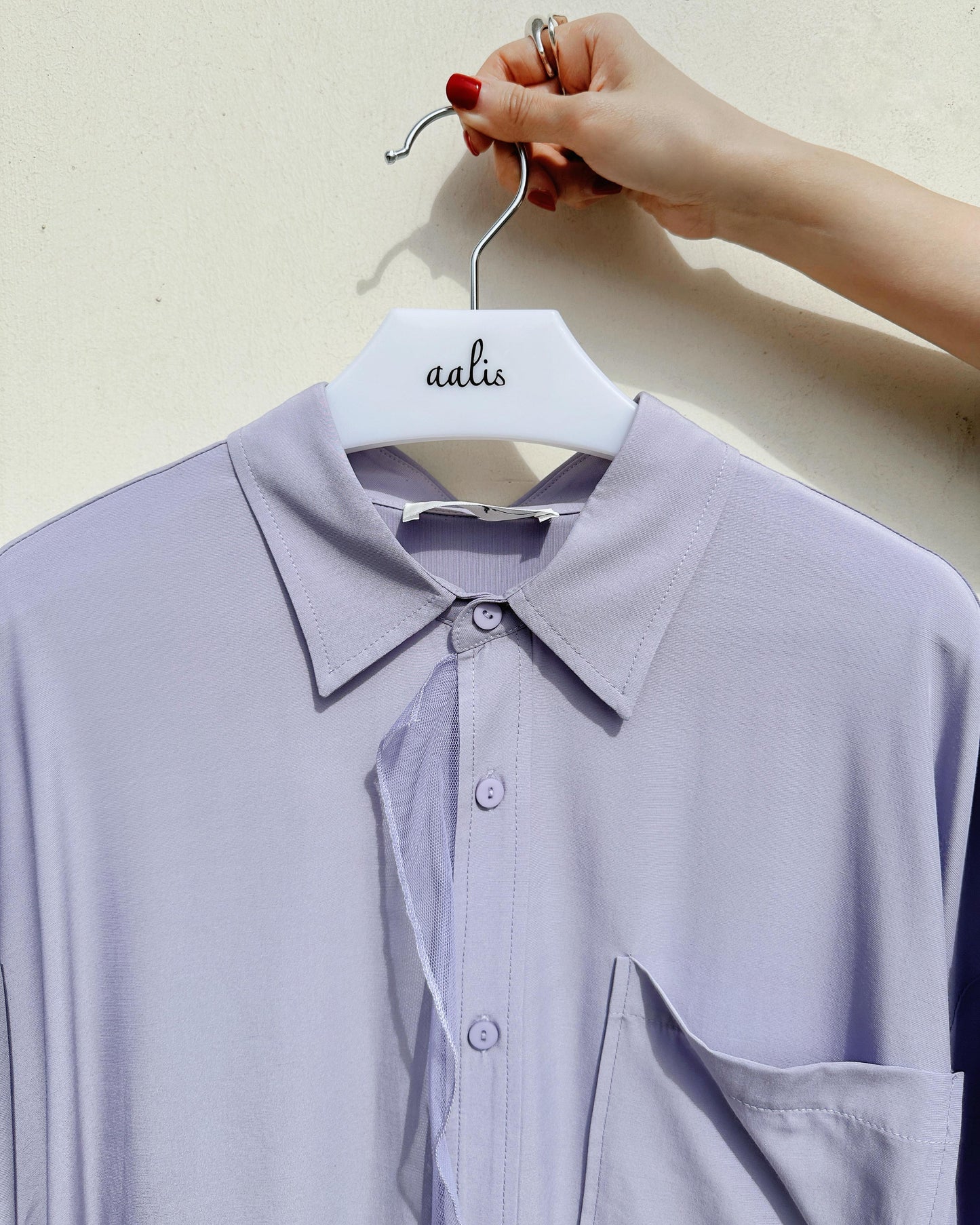 aalis COFFEY FW25 single pocket mesh detail oversized shirt (Dusty Lilac)