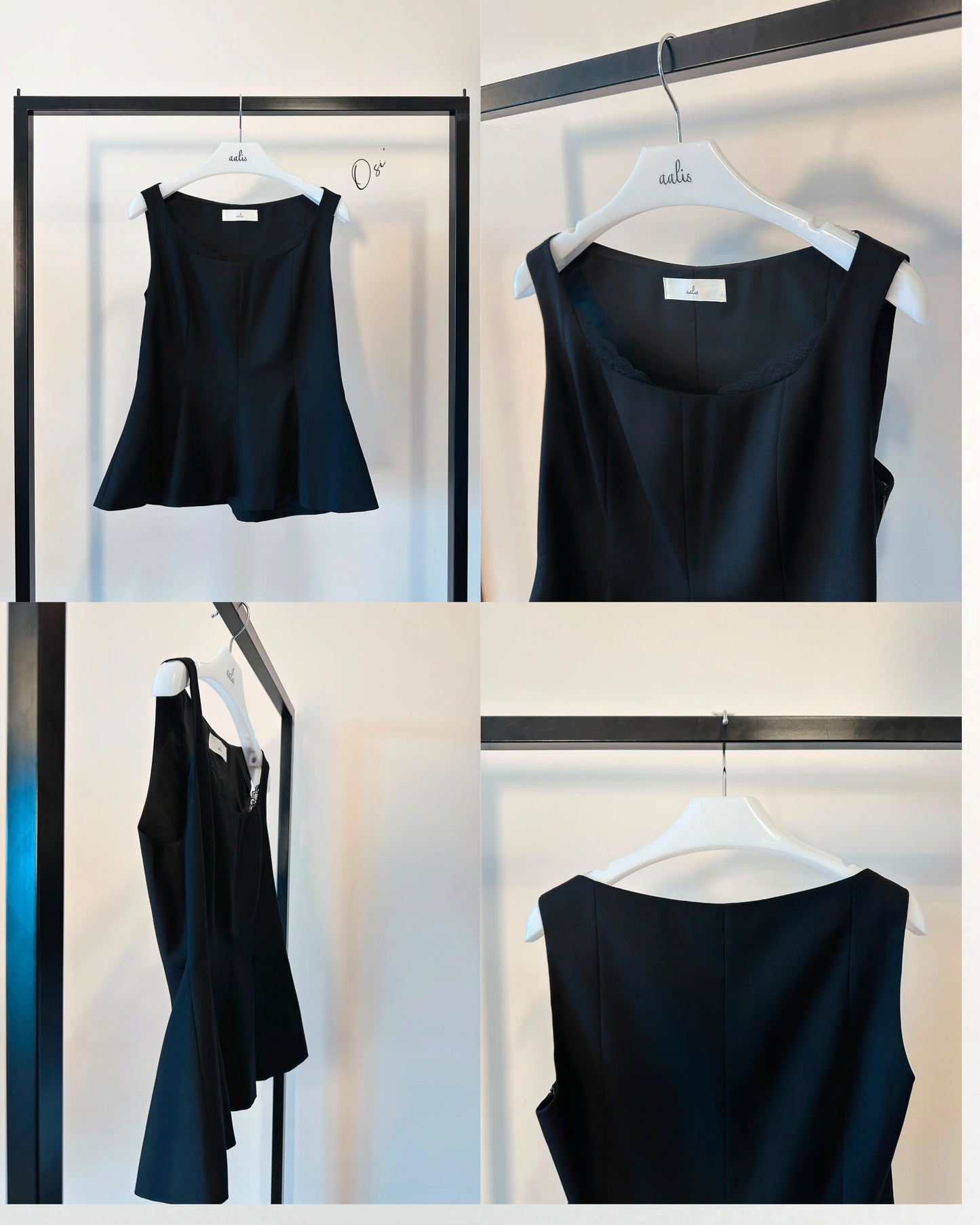 aalis OSI square neck lace trim fitted peplum top (Black)