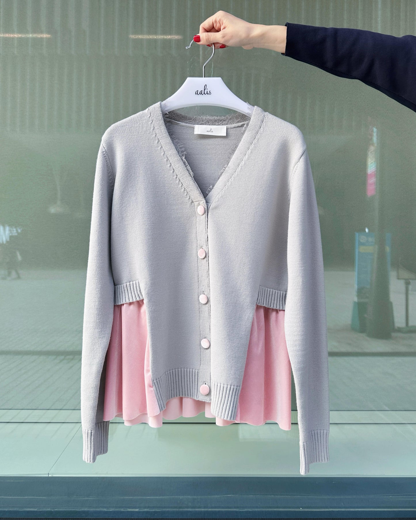 aalis CHARLEE velvet panel V neck cardigan (Heather Grey)