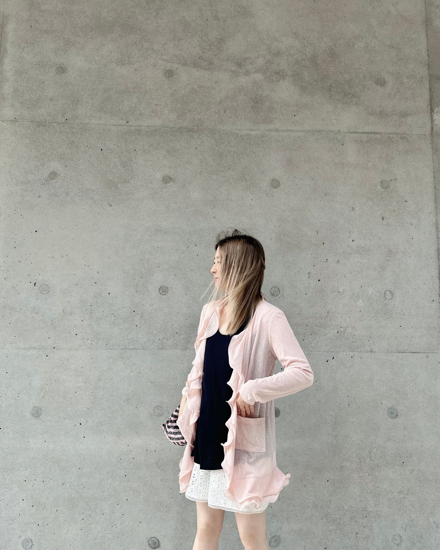 aalis RINON cascade ruffle front long cardigan (Pink)