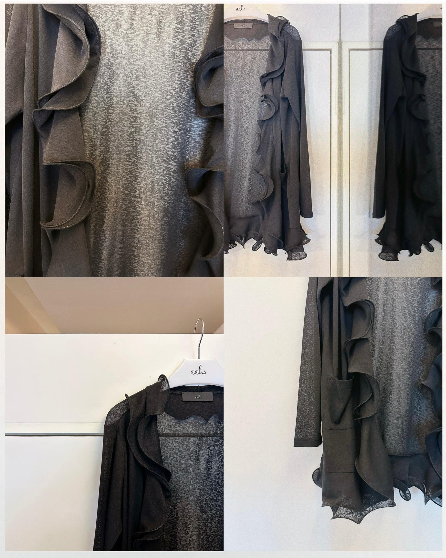 (Pre-order) aalis RINON cascade ruffle front long cardigan (Black)