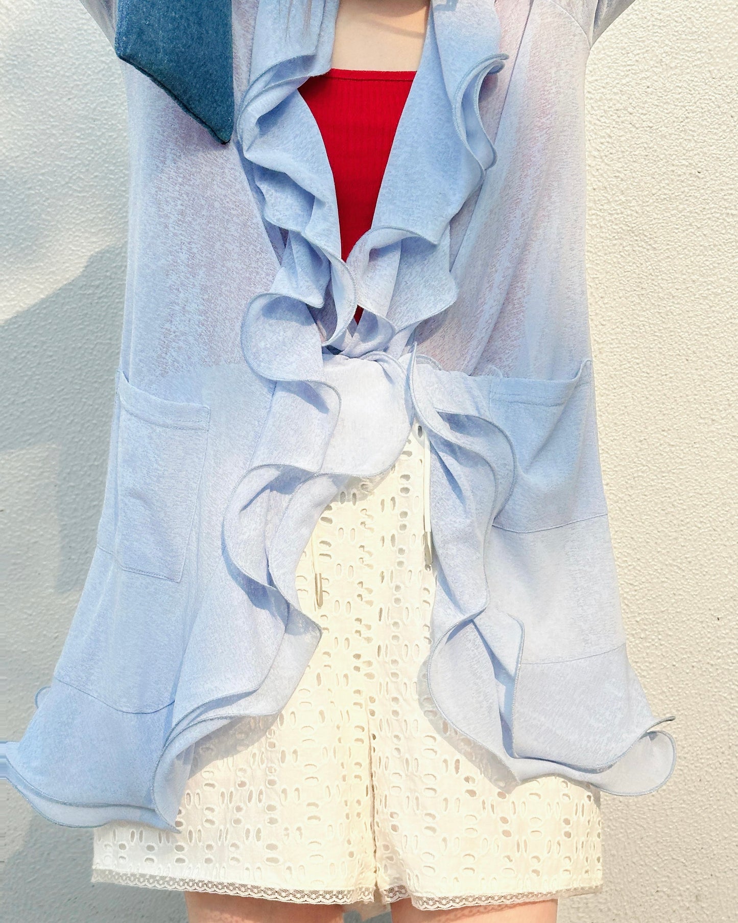 aalis RINON cascade ruffle front long cardigan (Lt Blue)