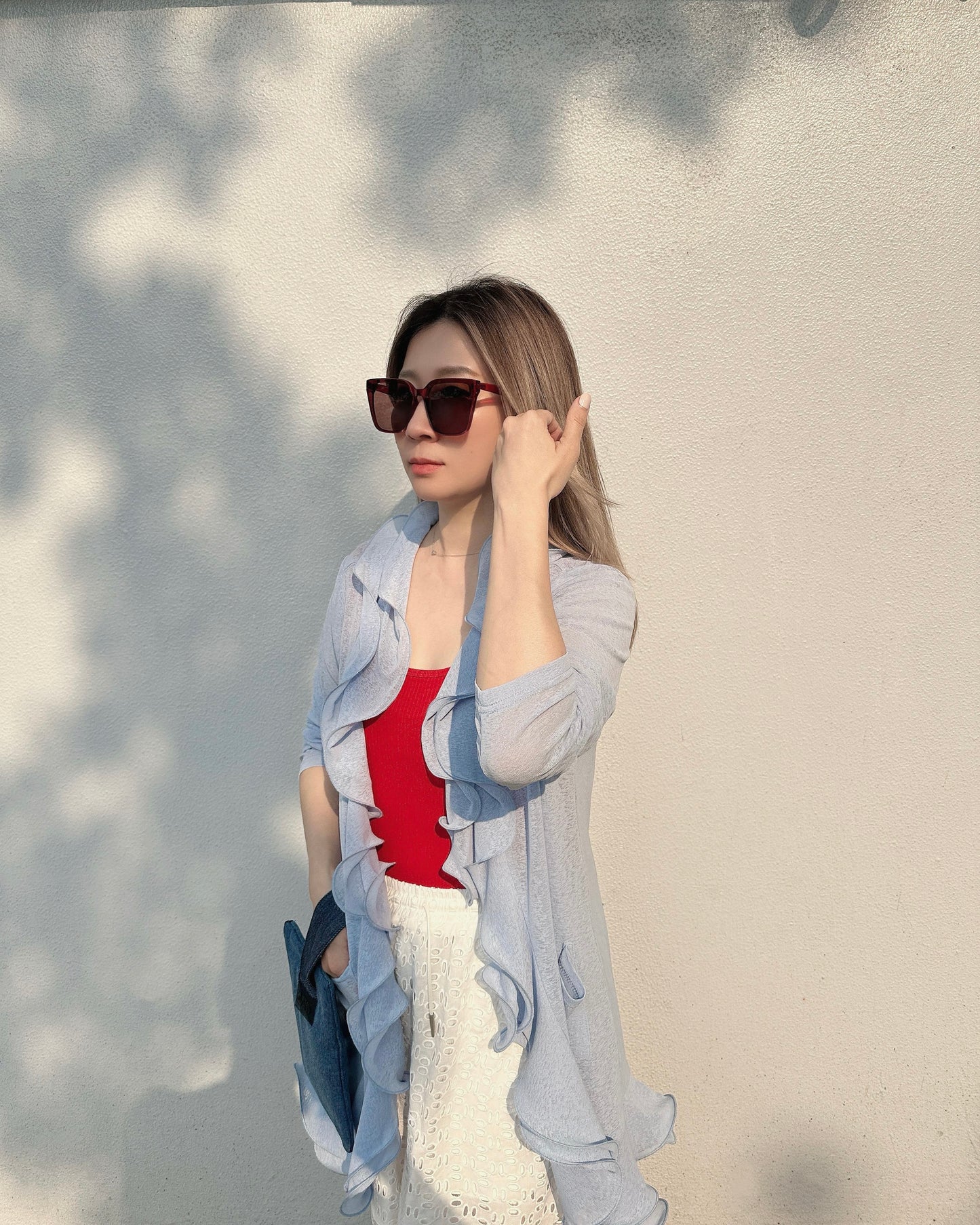 aalis RINON cascade ruffle front long cardigan (Lt Blue)