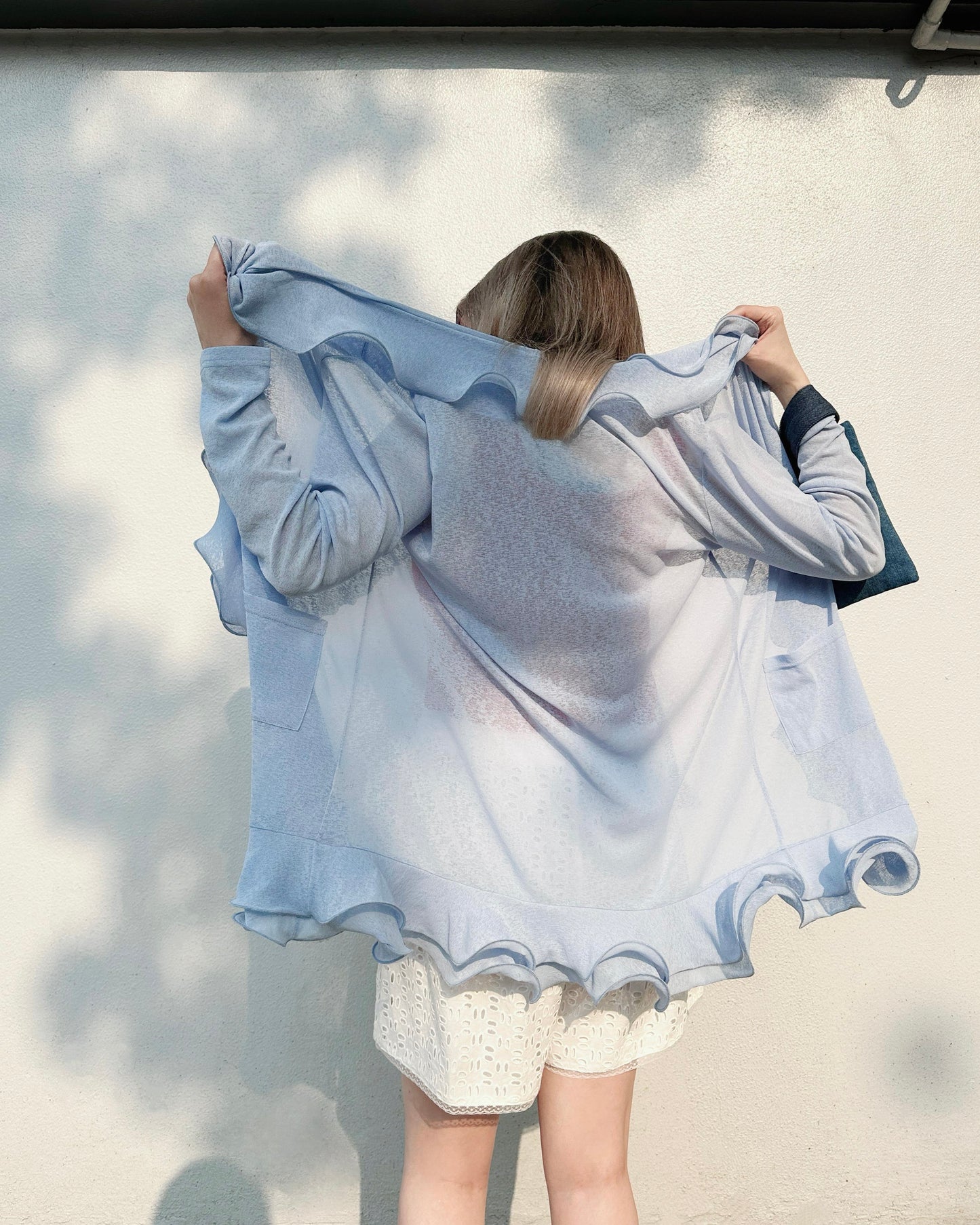 aalis RINON cascade ruffle front long cardigan (Lt Blue)