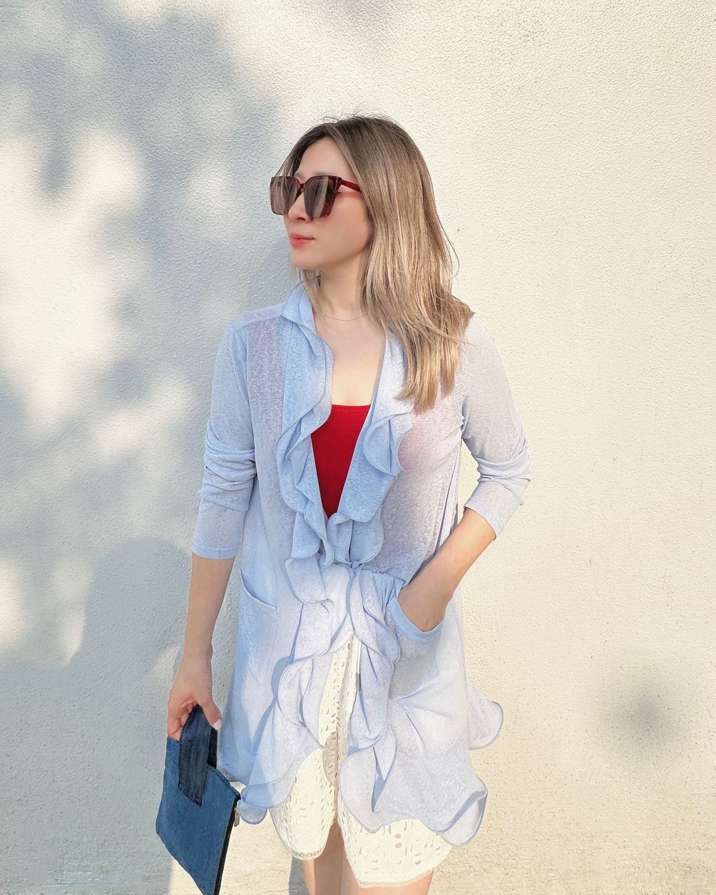 (Pre-order) aalis RINON cascade ruffle front long cardigan (Lt Blue)