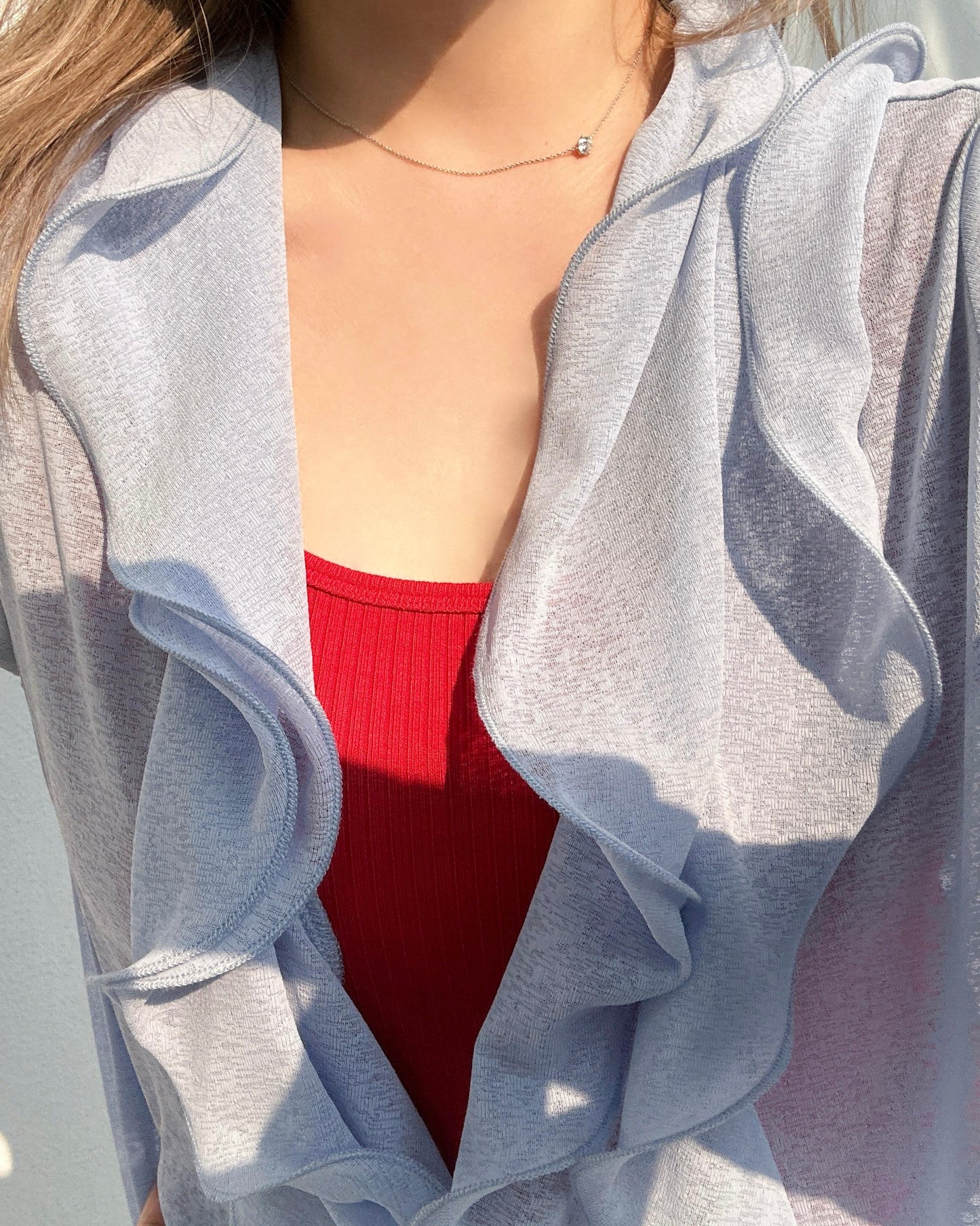 aalis RINON cascade ruffle front long cardigan (Lt Blue)