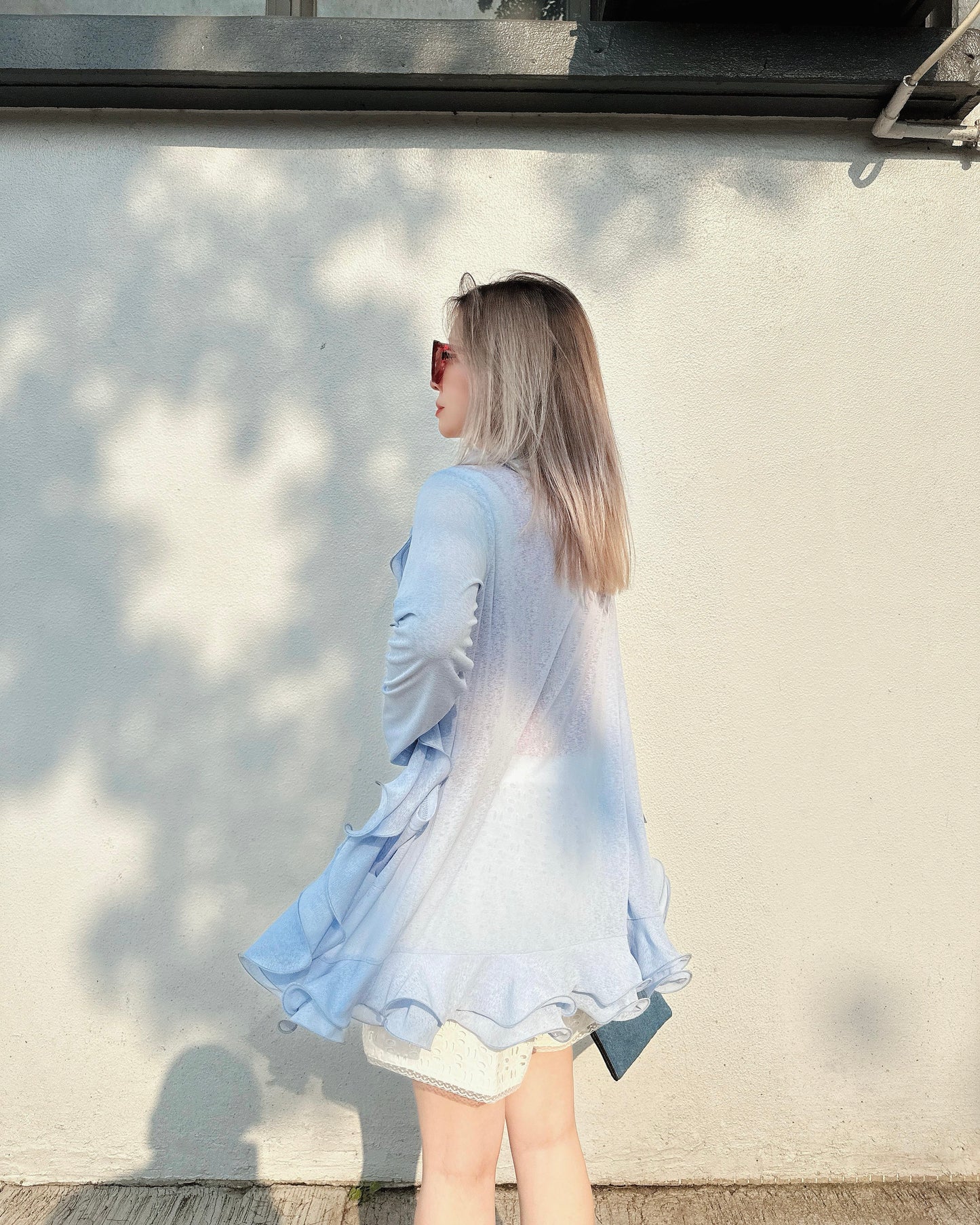 aalis RINON cascade ruffle front long cardigan (Lt Blue)