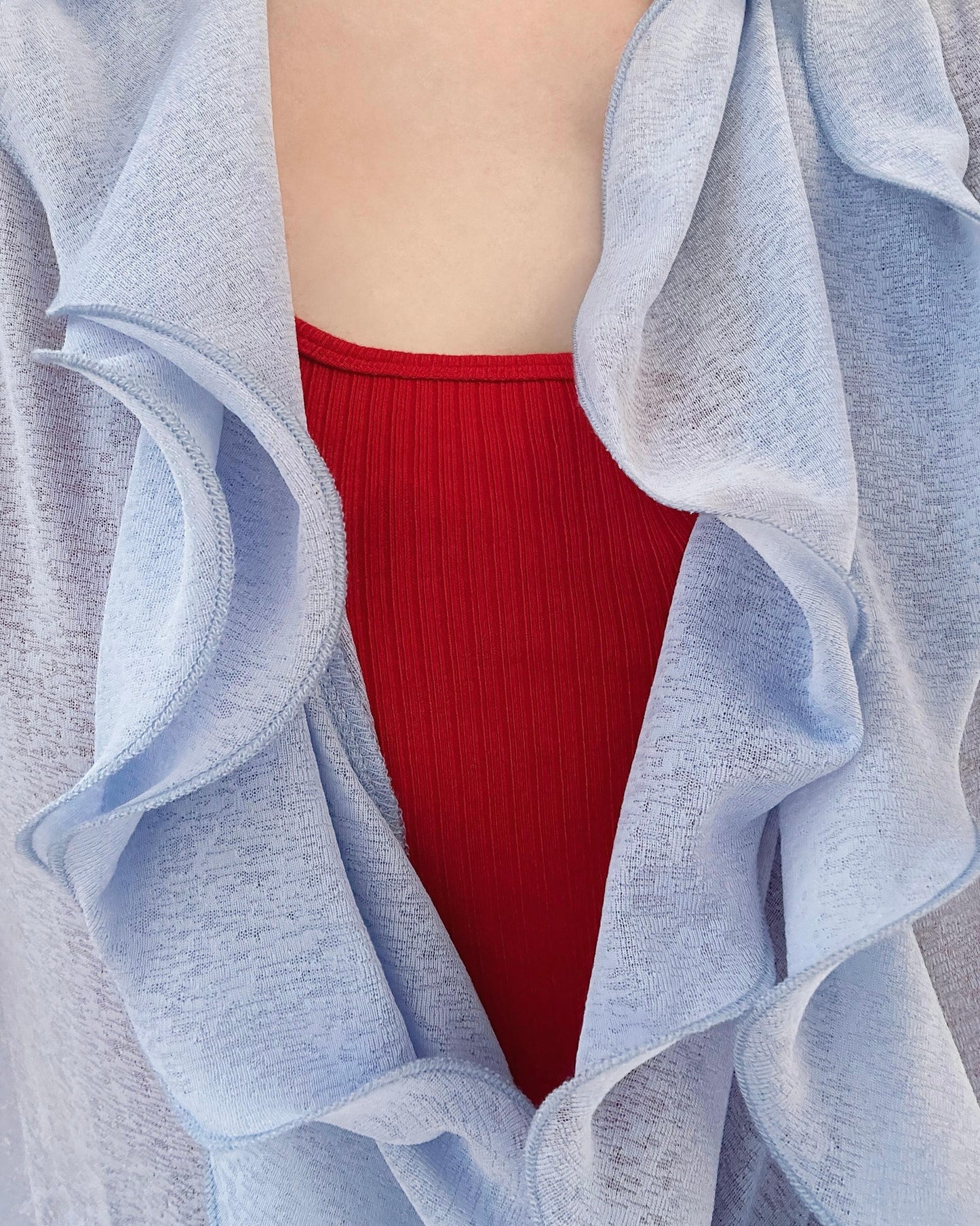 aalis RINON cascade ruffle front long cardigan (Lt Blue)