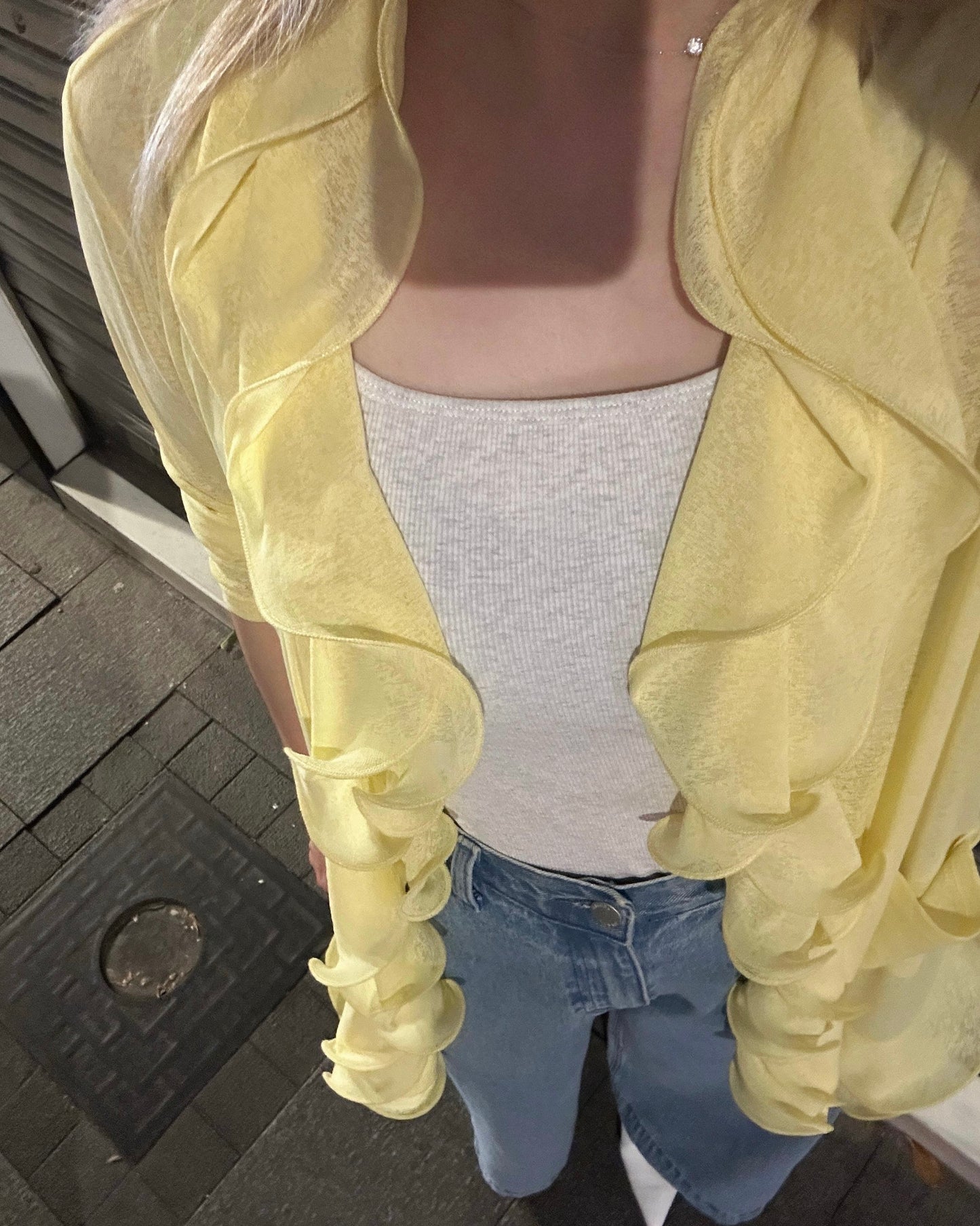 aalis RINON cascade ruffle front long cardigan (Lt Yellow)