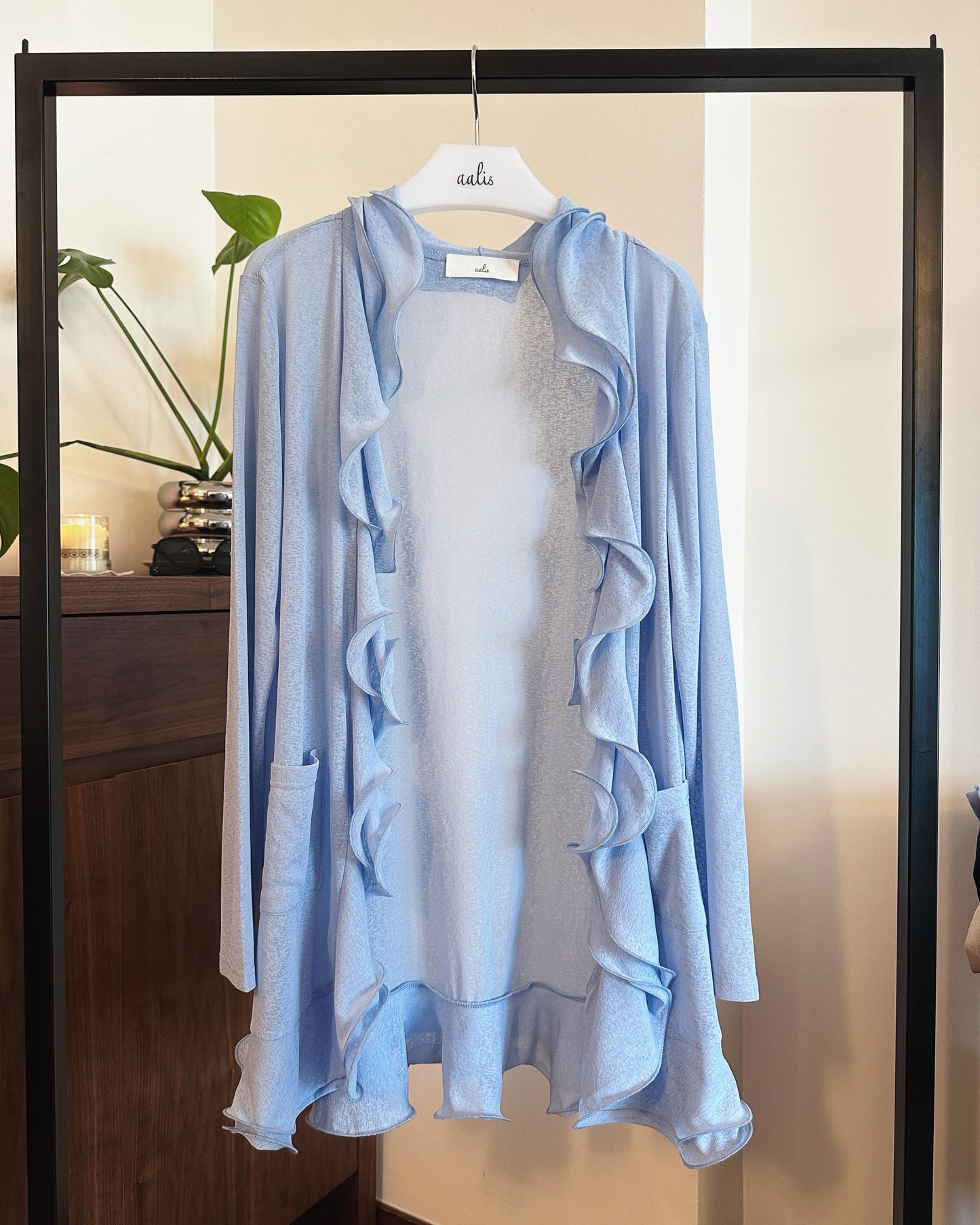 aalis RINON cascade ruffle front long cardigan (Lt Blue)