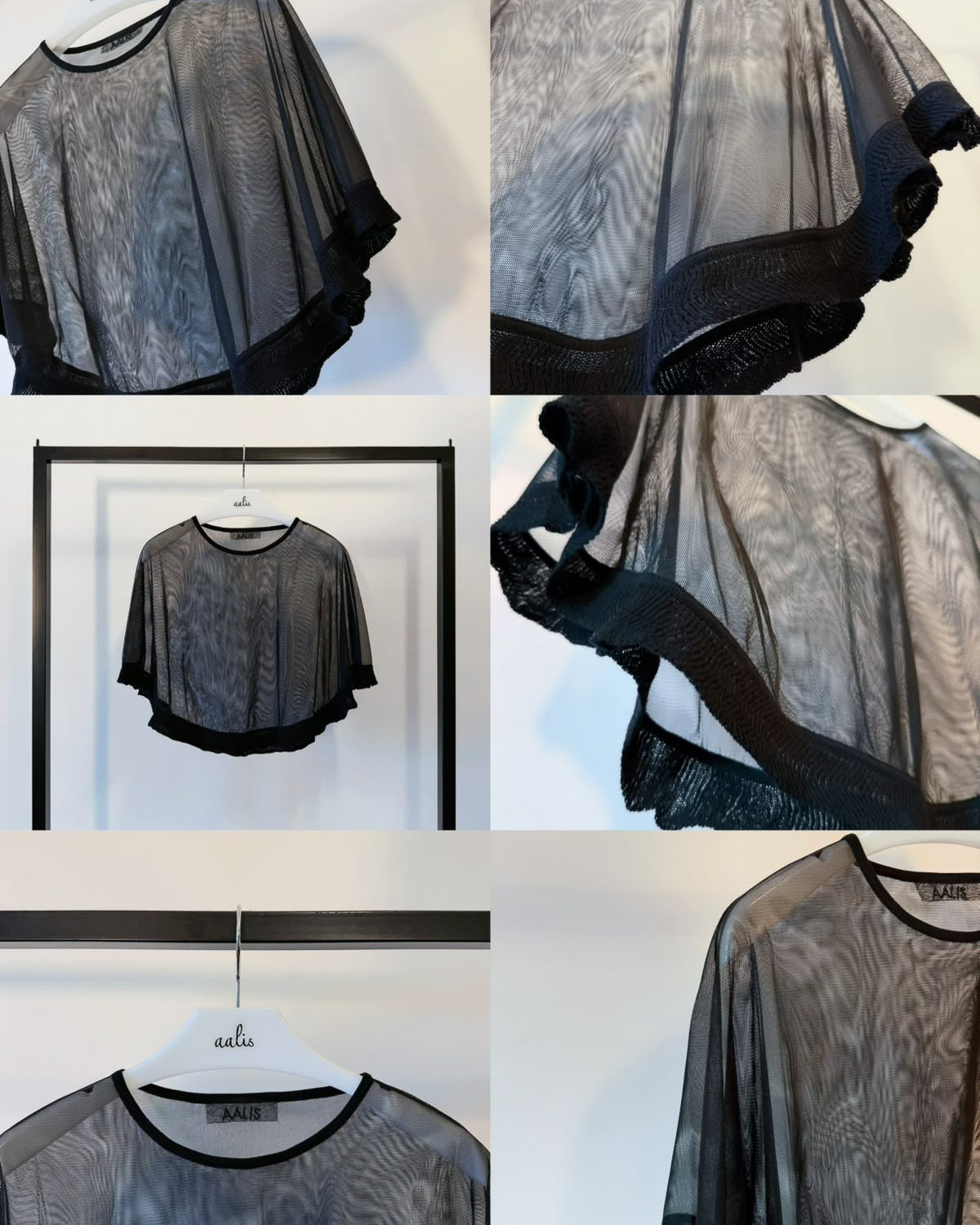 (Pre-order) aalis CARPI mesh cape with knitted ruffle trim (Black)