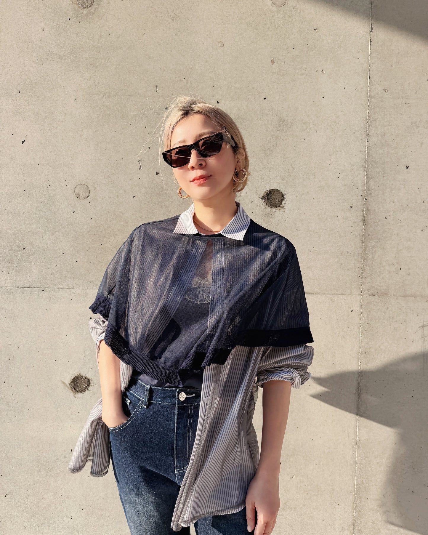 aalis CARPI mesh cape with knitted ruffle trim (Navy)