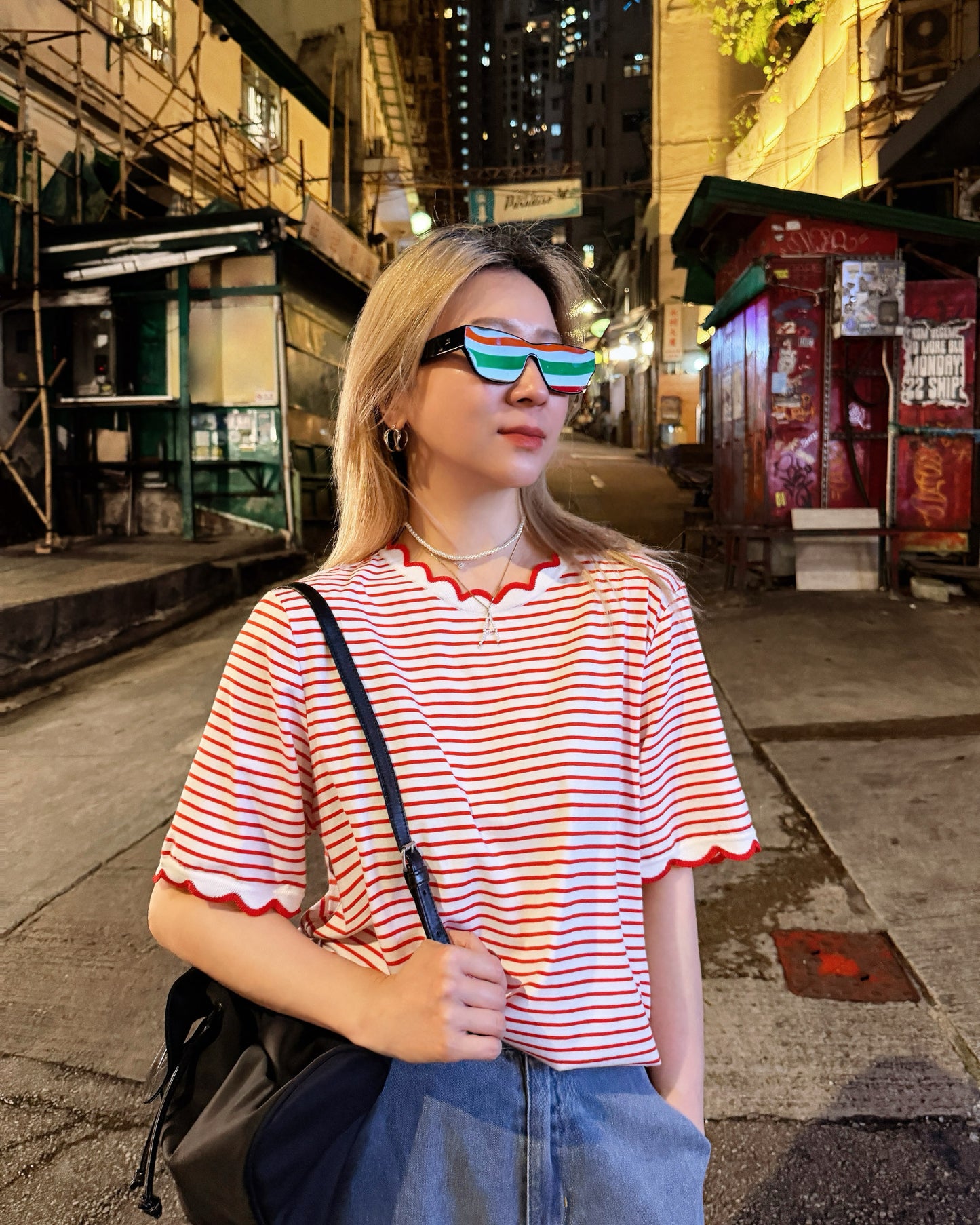 (Pre-order) aalis METTA scallop edge relaxed tee (Red Stripe)