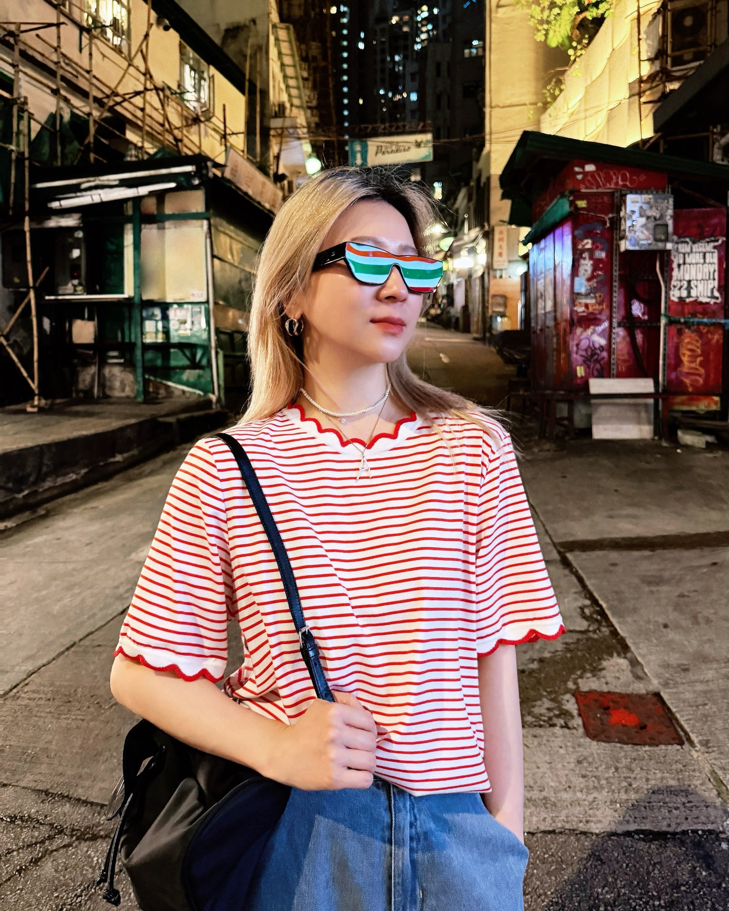(Pre-order) aalis METTA scallop edge relaxed tee (Red Stripe)