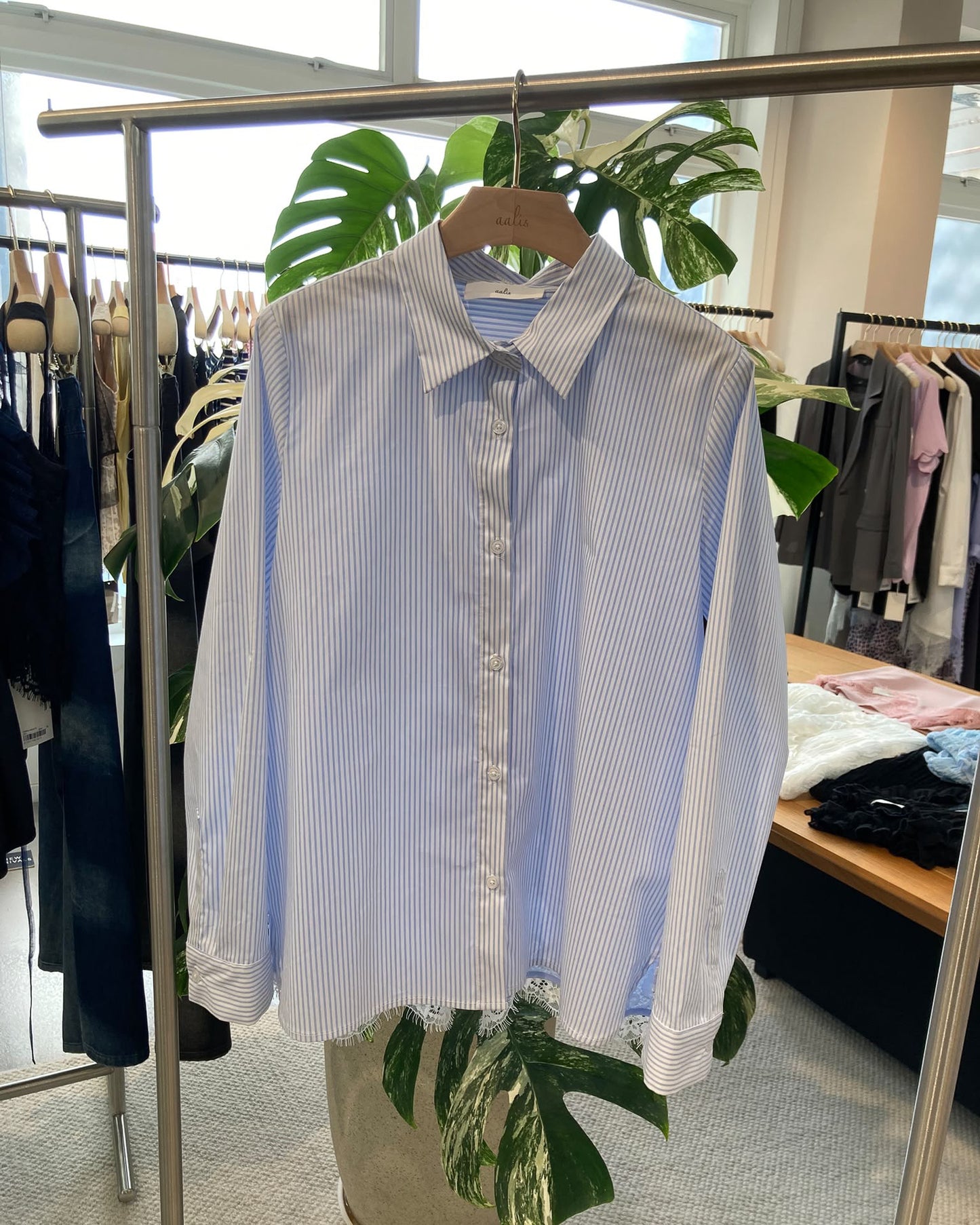aalis LOVA lace chiffon panel shirt (Blue Stripe)