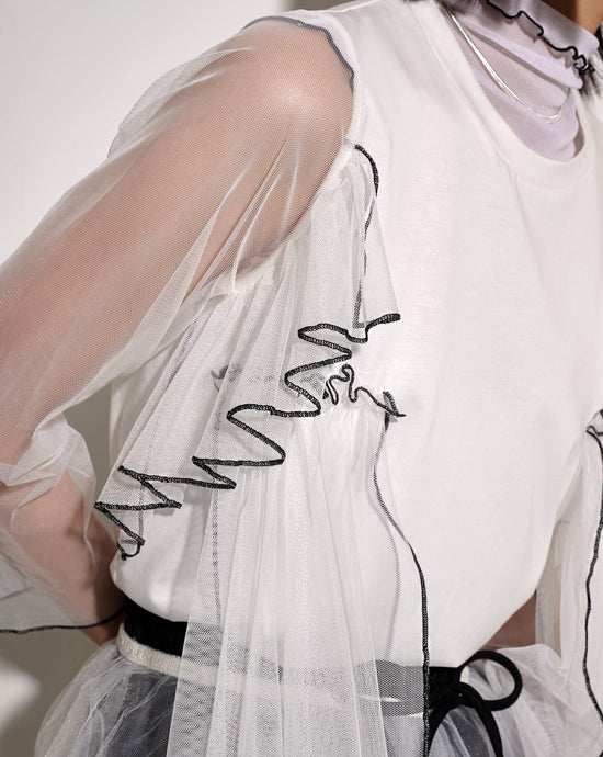 aalis MARIAN 垂褶网纱锁边细节长袖上衣（白色）