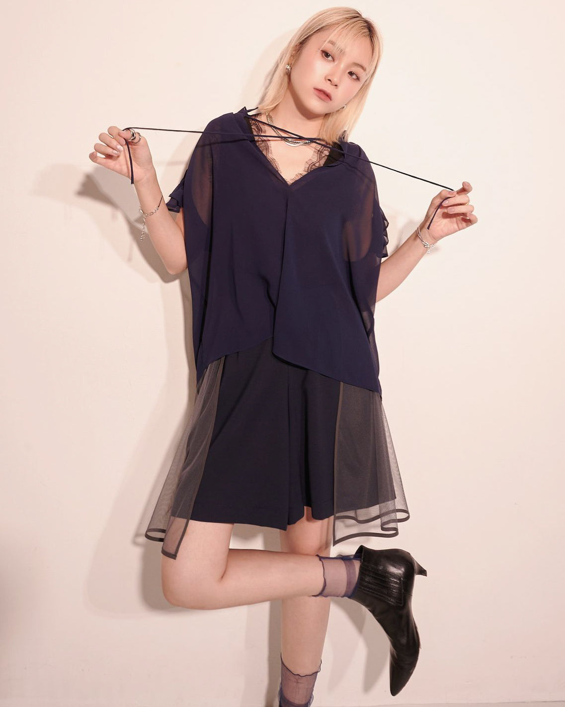 aalis KIKA chiffon babydoll top (Navy)