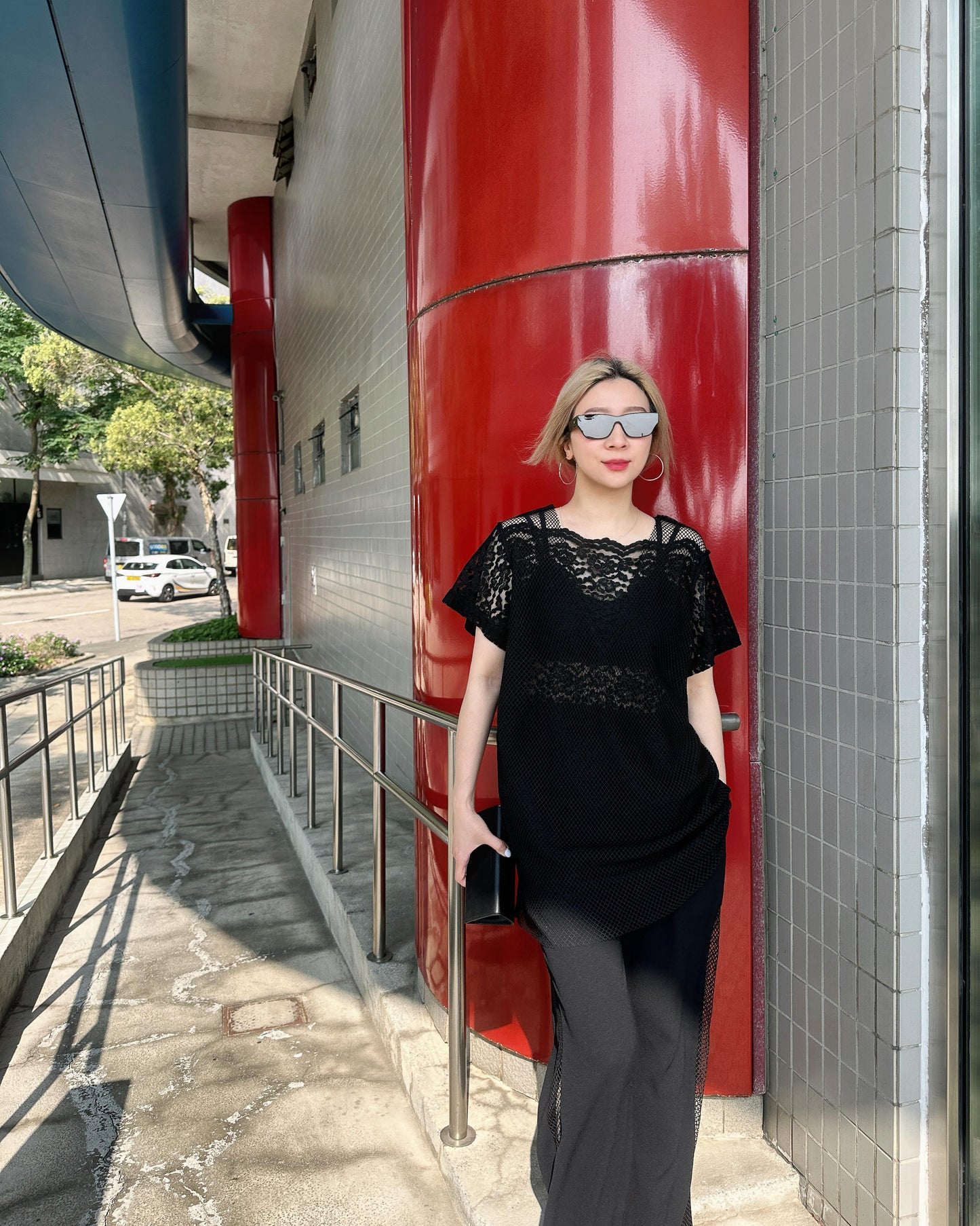 aalis PAZ reversible lace and fishnet tunic top (Black)