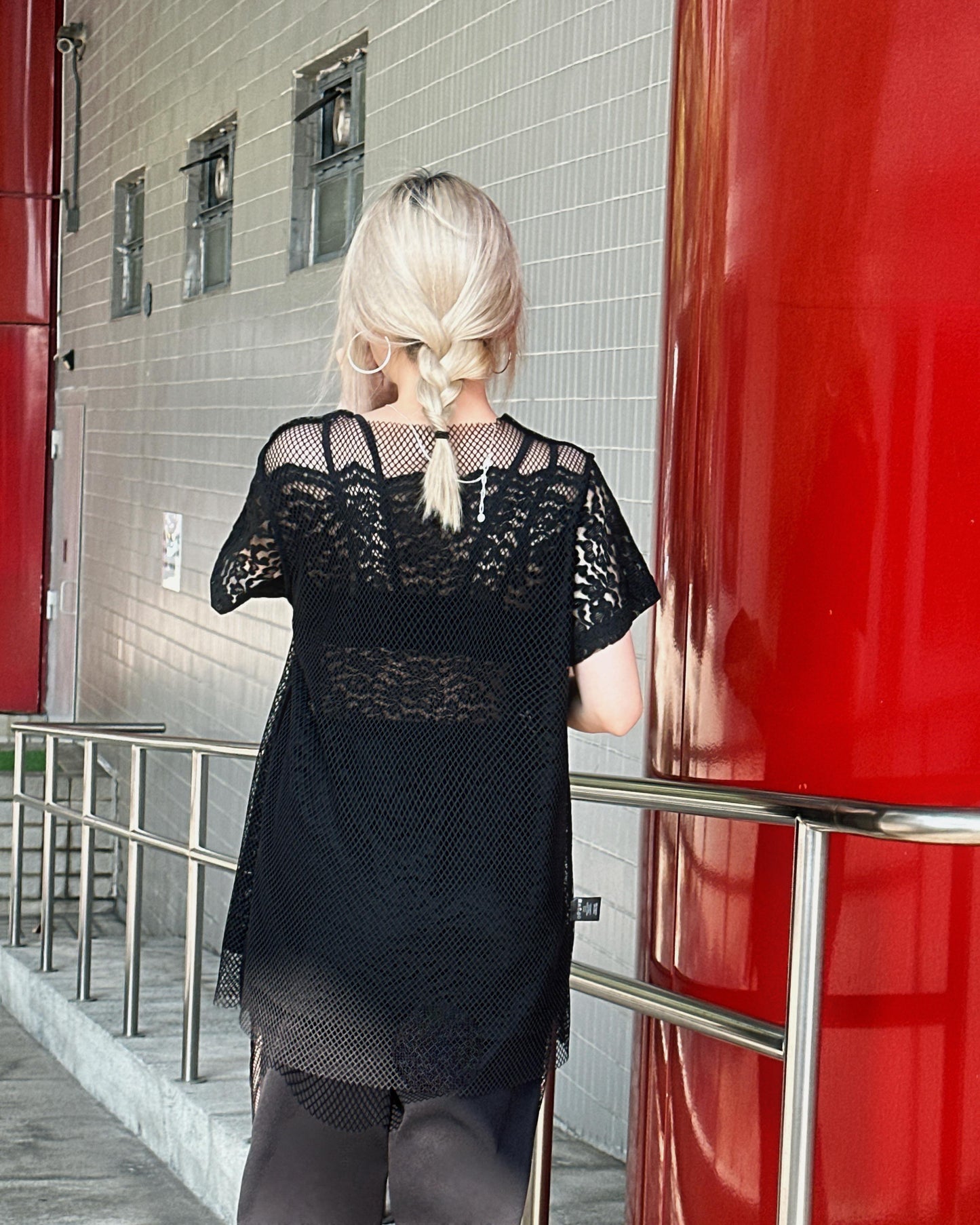 aalis PAZ reversible lace and fishnet tunic top (Black)