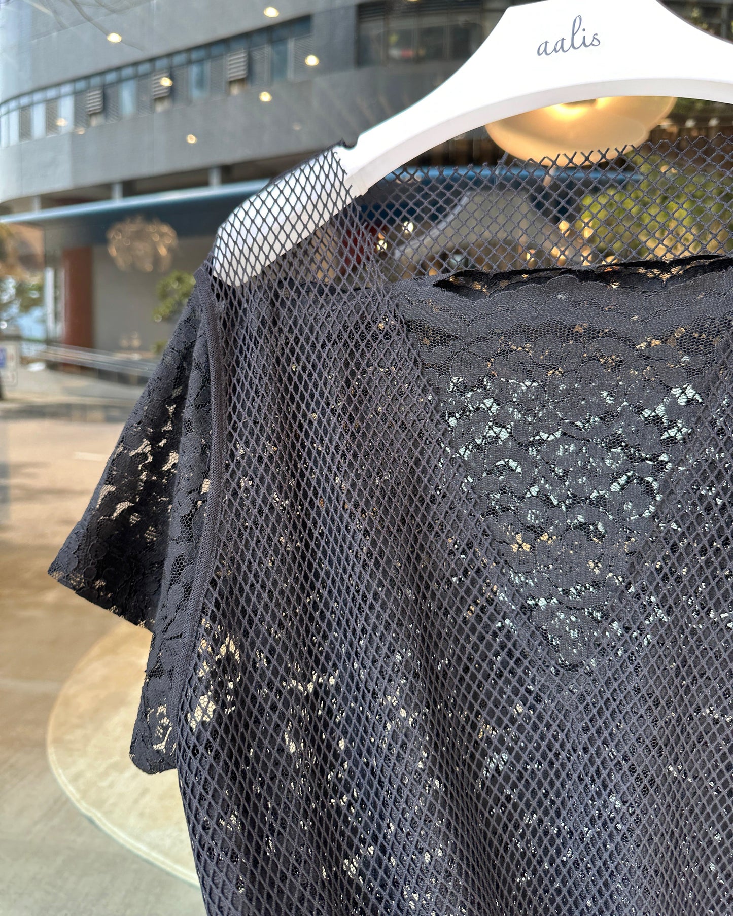 aalis PAZ reversible lace and fishnet tunic top (Black)