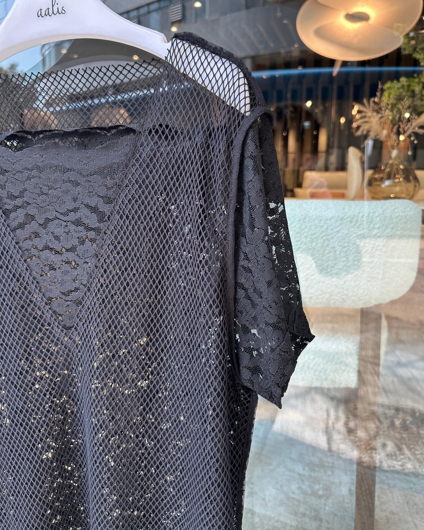 aalis PAZ reversible lace and fishnet tunic top (Black)
