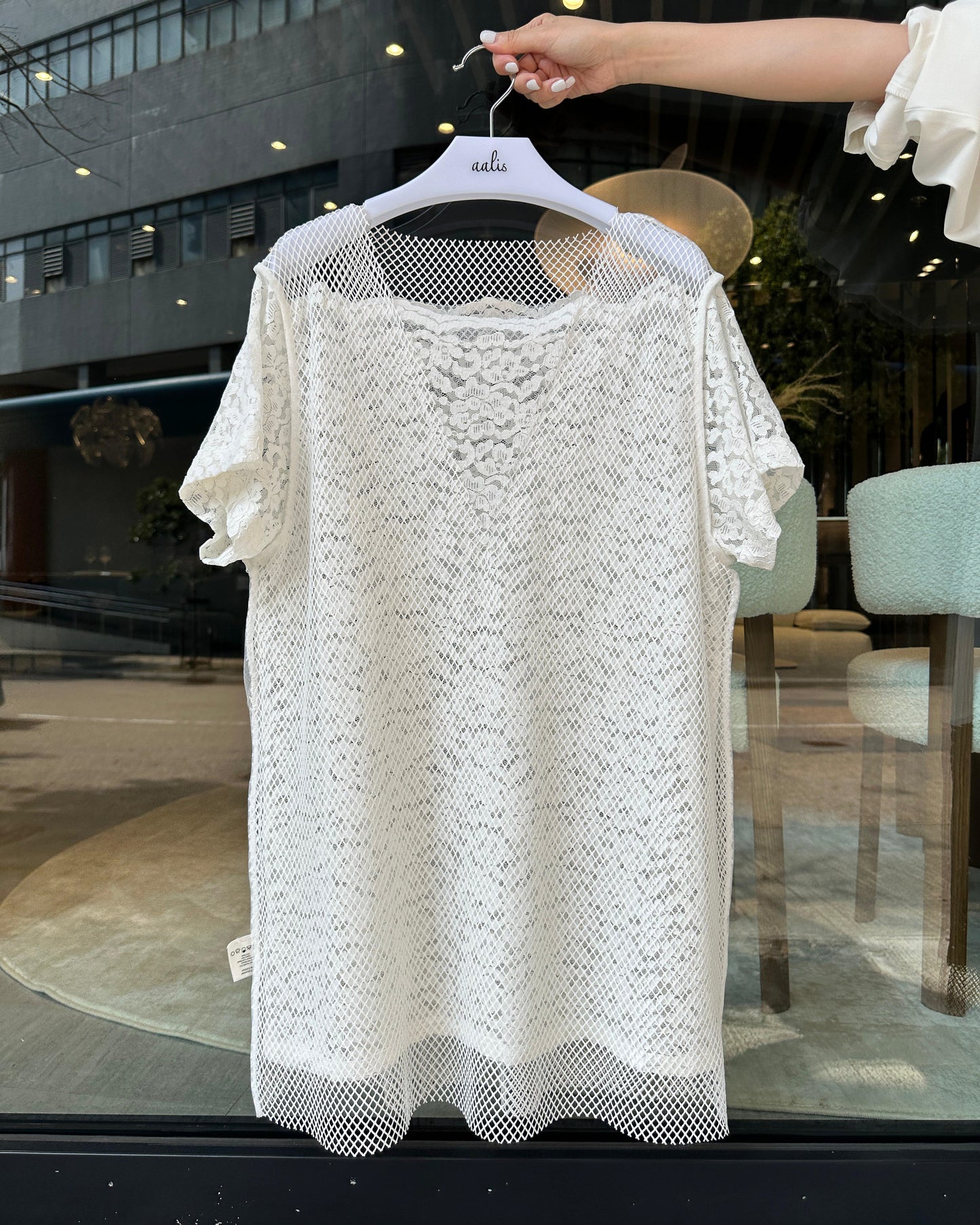aalis PAZ reversible lace and fishnet tunic top (White)