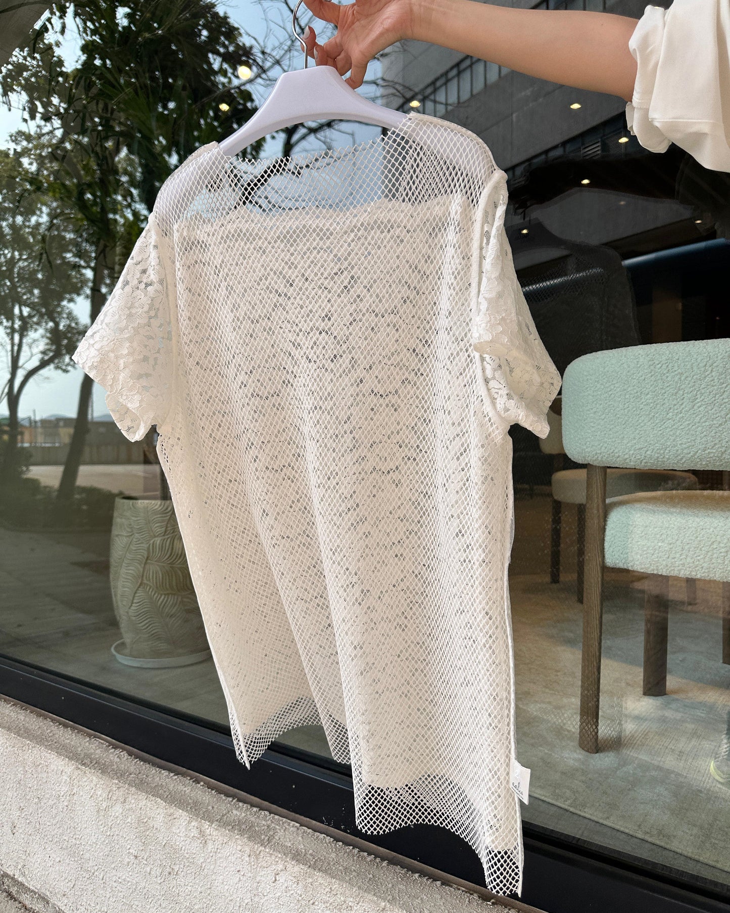aalis PAZ reversible lace and fishnet tunic top (White)
