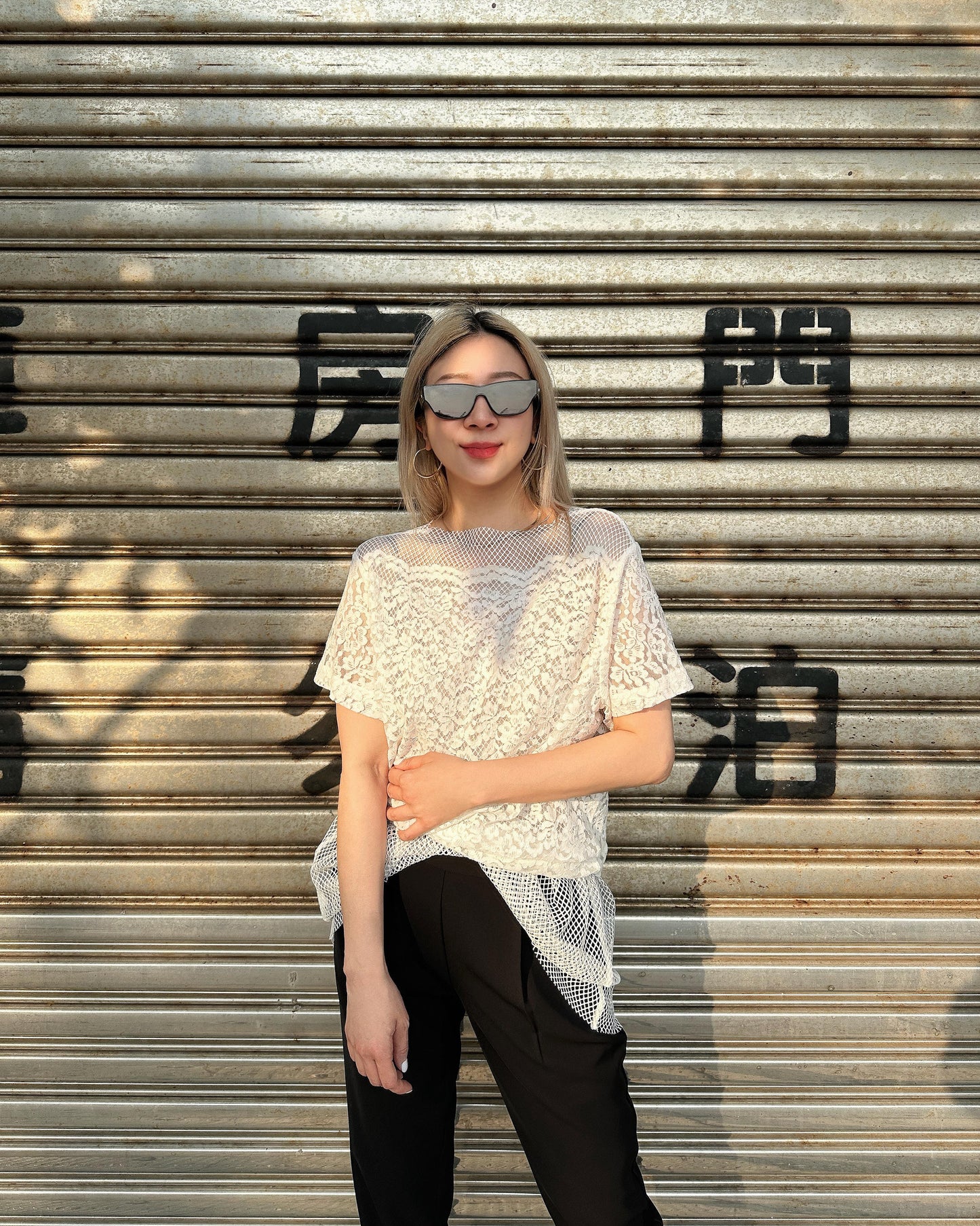 aalis PAZ reversible lace and fishnet tunic top (White)