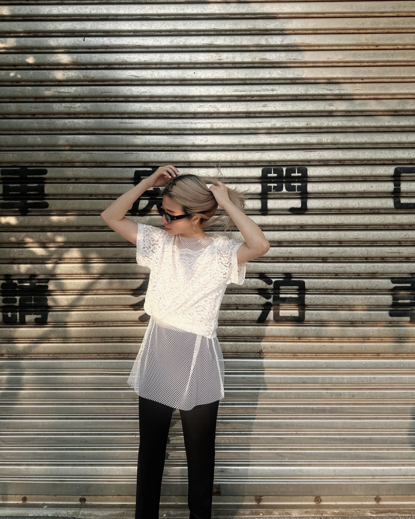 aalis PAZ reversible lace and fishnet tunic top (White)