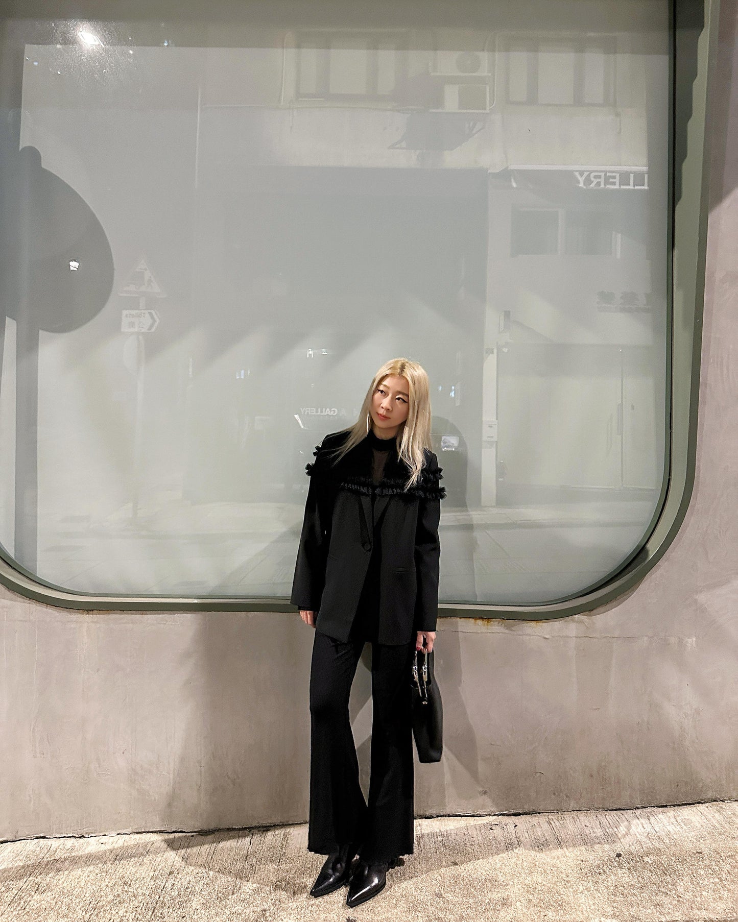 aalis DERA mesh ruffle trim blazer (Black)