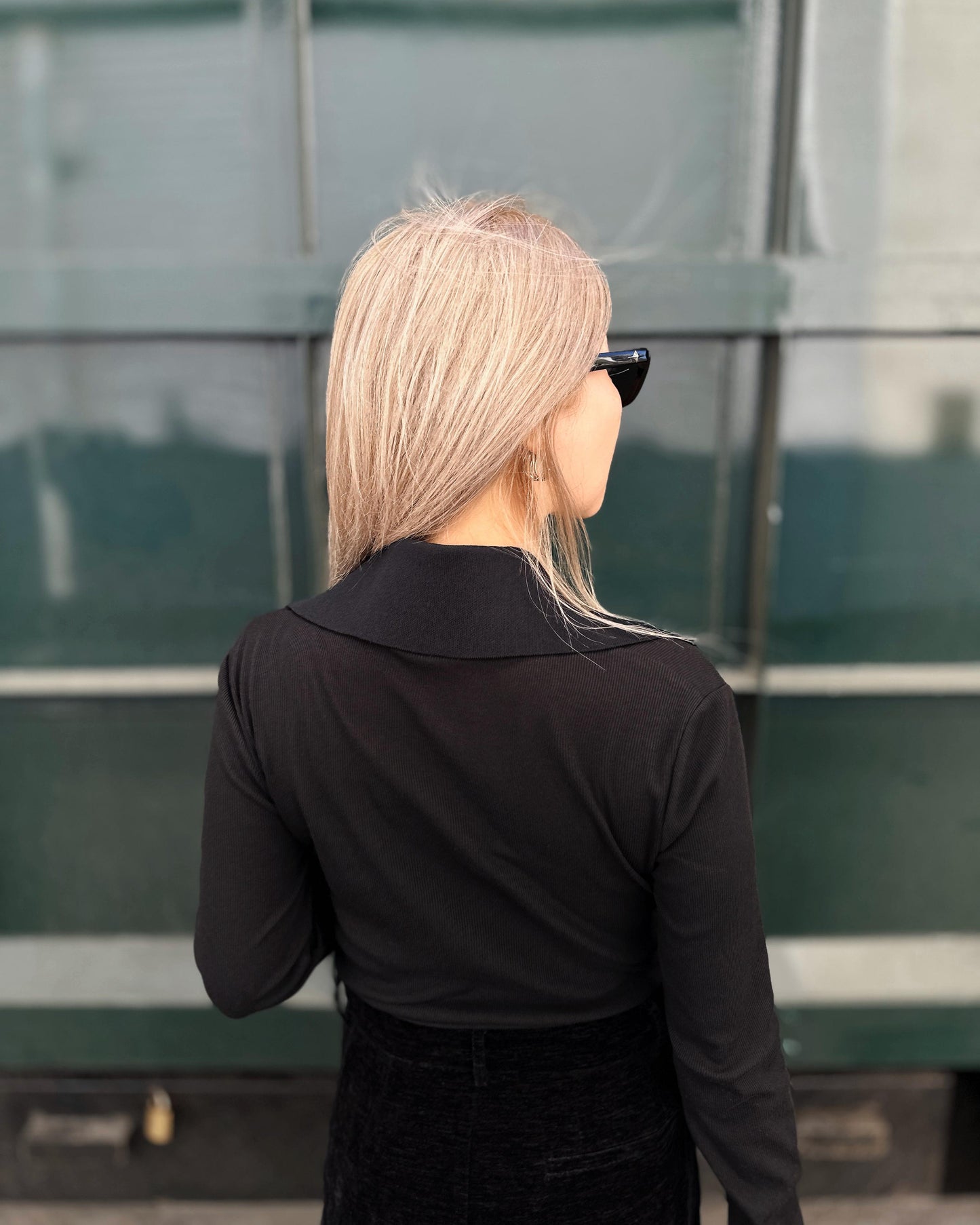 aalis WALTON knit collar v neck ribbed top (Black)