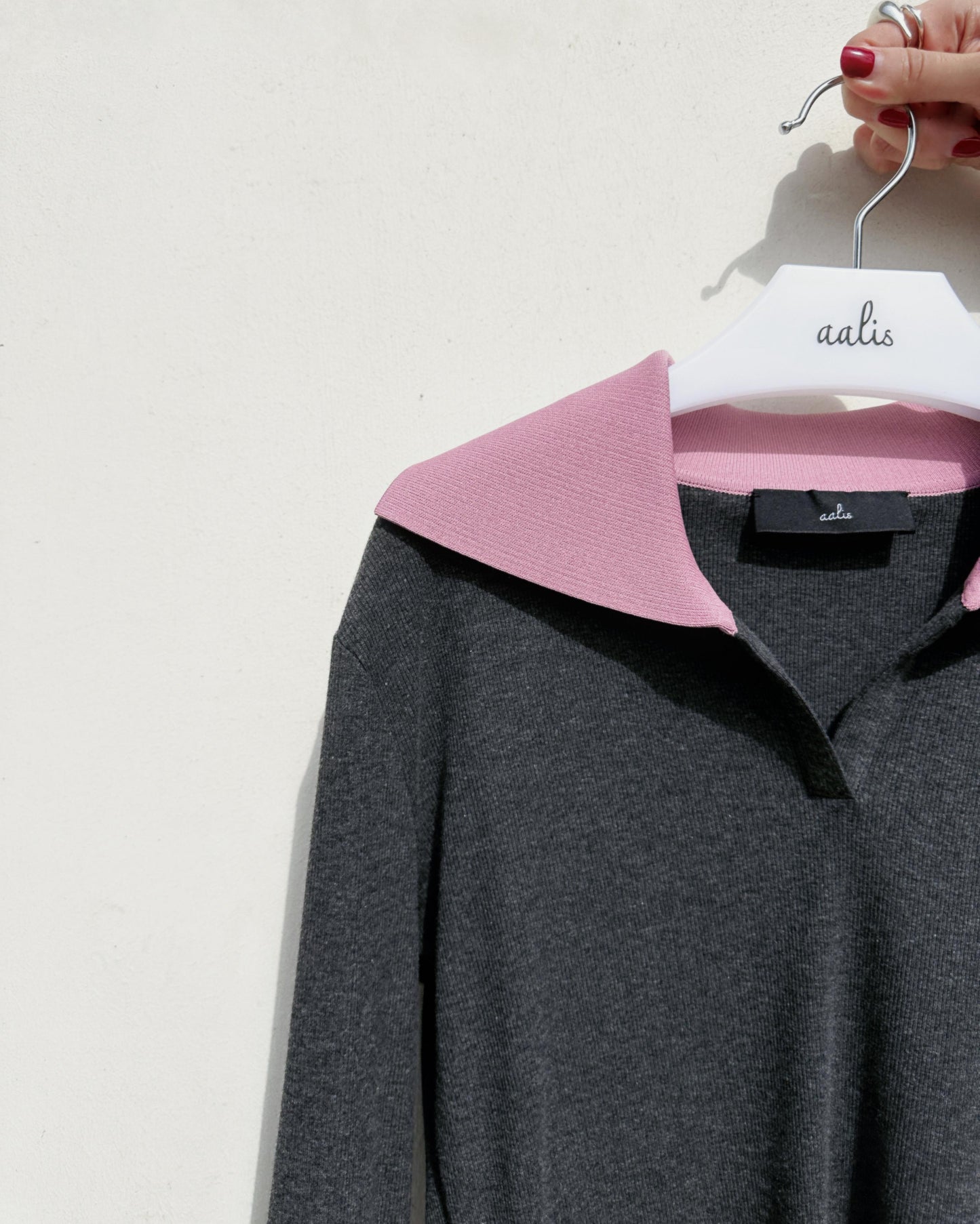 aalis WALTON knit collar v neck ribbed top (Heather Grey Mix)