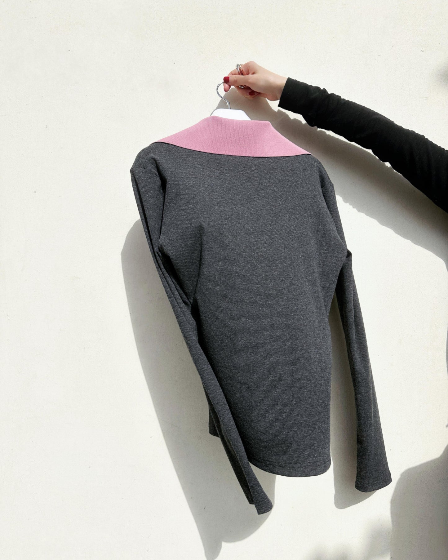 aalis WALTON knit collar v neck ribbed top (Heather Grey Mix)