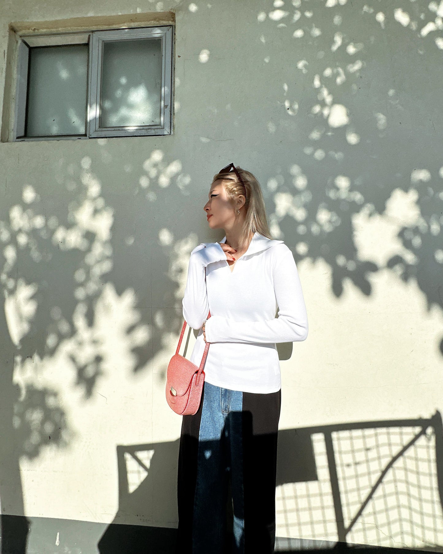 aalis WALTON knit collar v neck ribbed top (White)