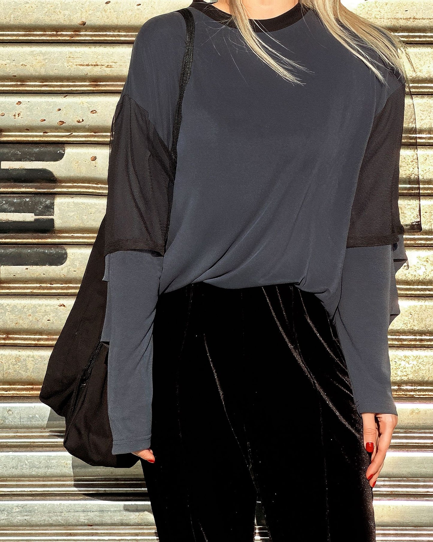 aalis AIMEE mesh short sleeves dropped shoulder top (Dark Blue)