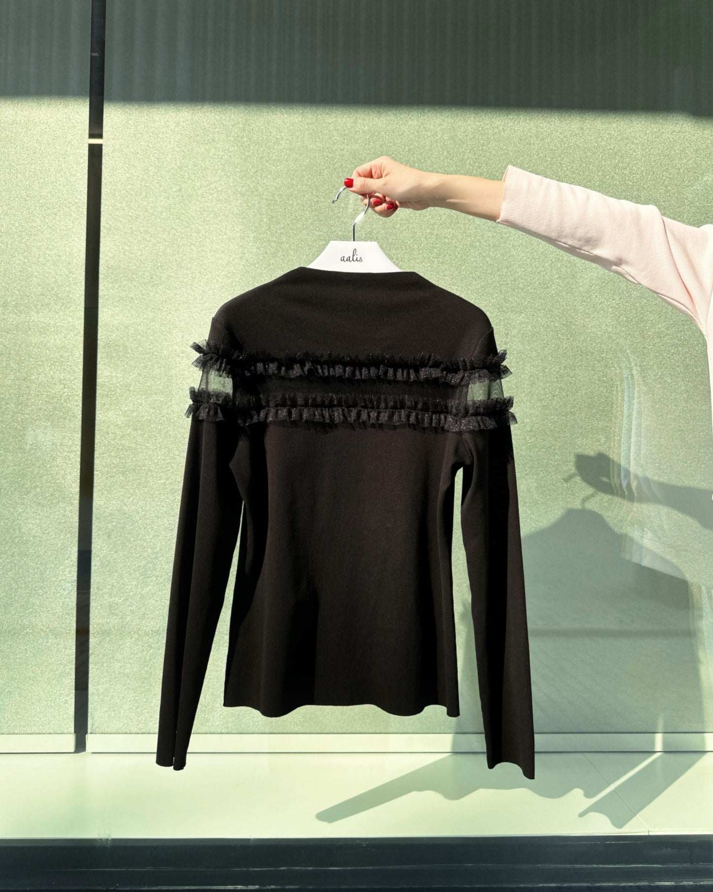 aalis ERICKA mesh ruffle panel ribbed top (Black)