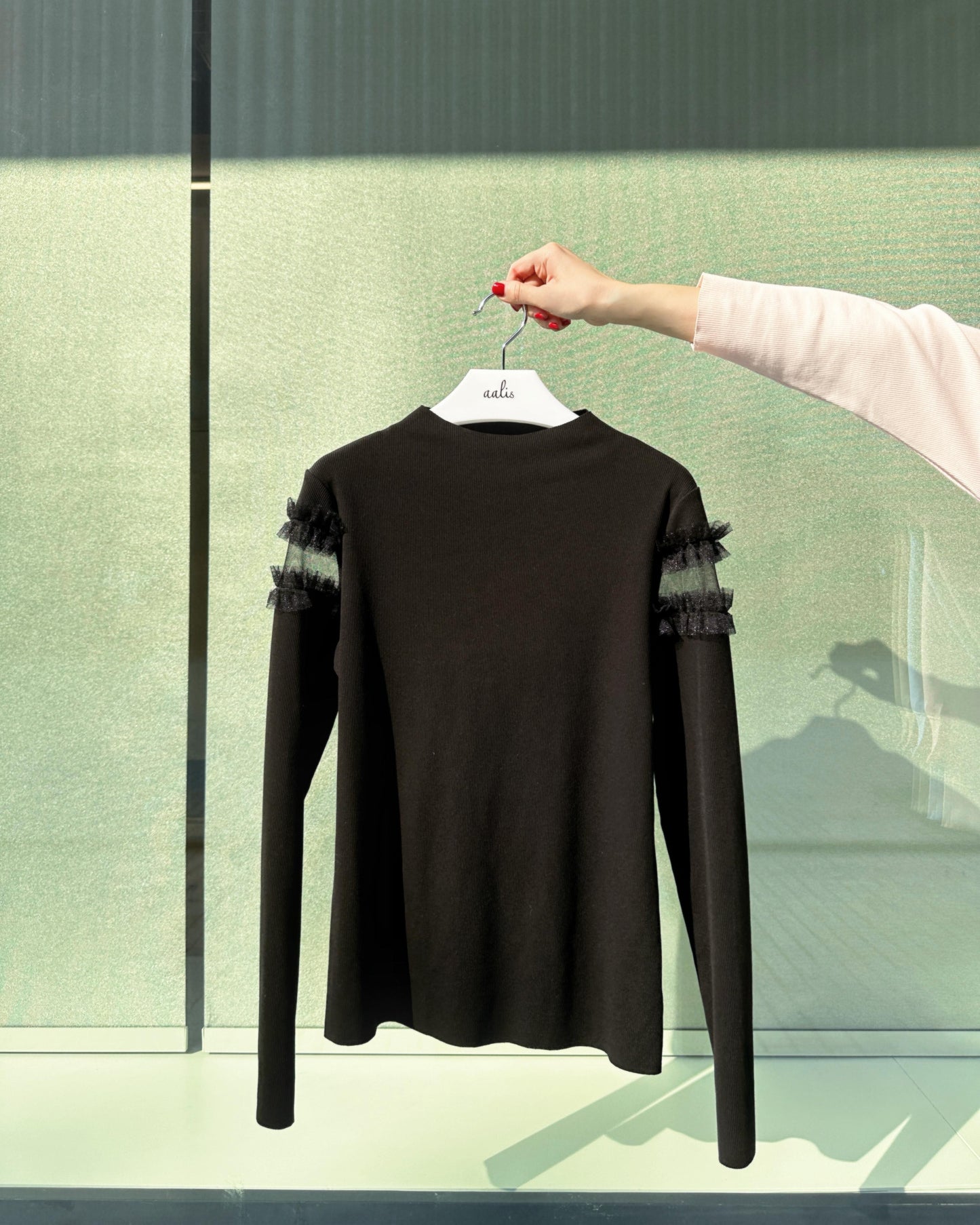 aalis ERICKA mesh ruffle panel ribbed top (Black)