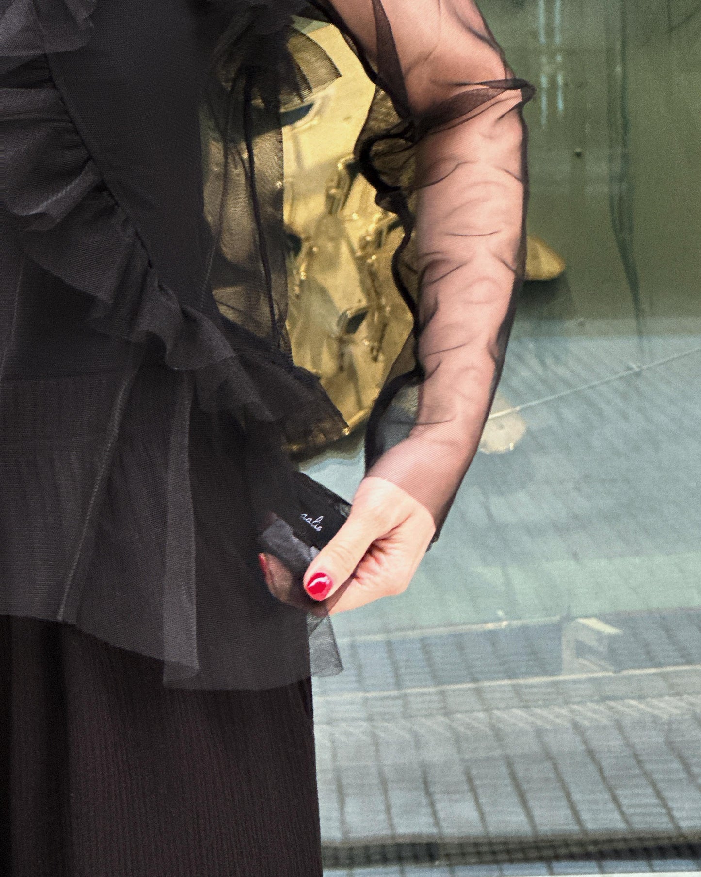 aalis RINNA mesh ruffle top (Black)