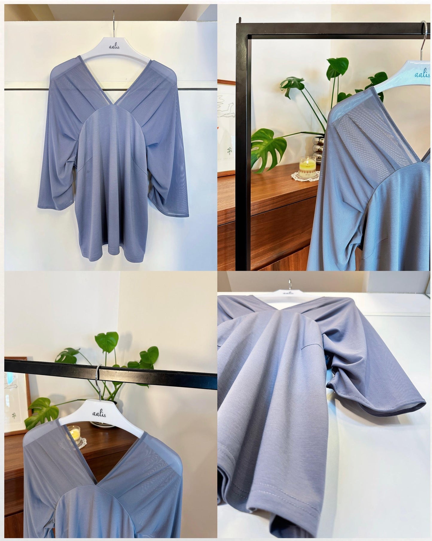 aalis NEOMA v neck mesh rushed shoulder top (Purple Blue)