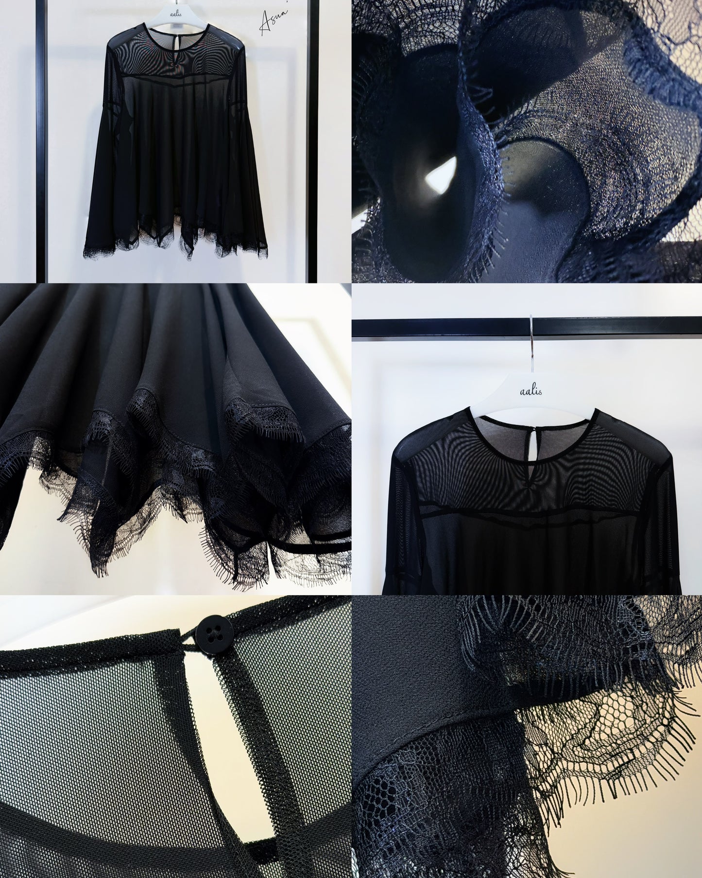 aalis ASUA zigzag lace hem mesh top (Black)