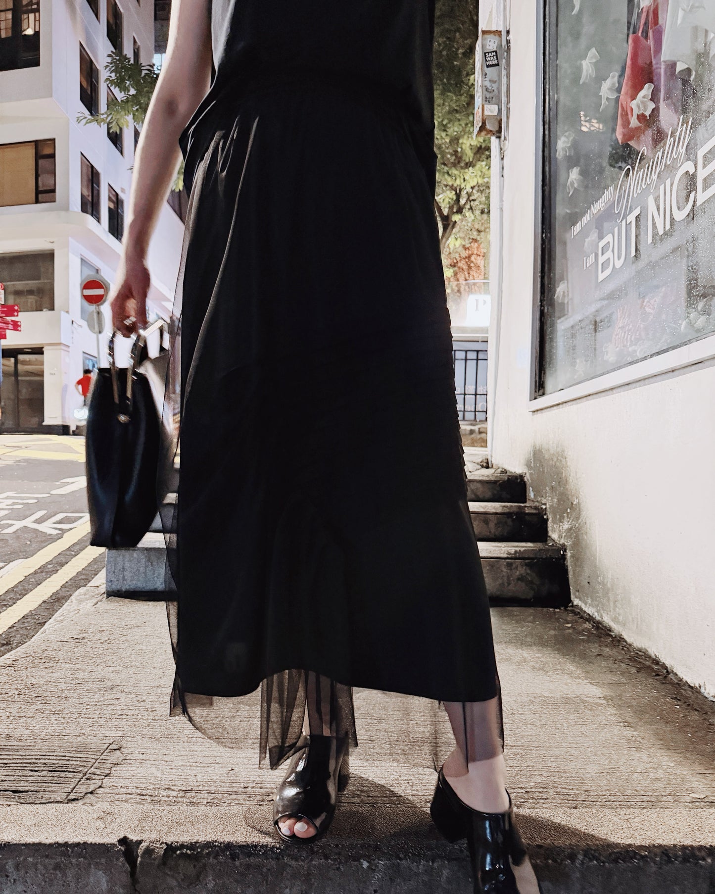 (Pre-order) aalis XAVIA pleated detail asymmetric mesh midi skirt (Black)