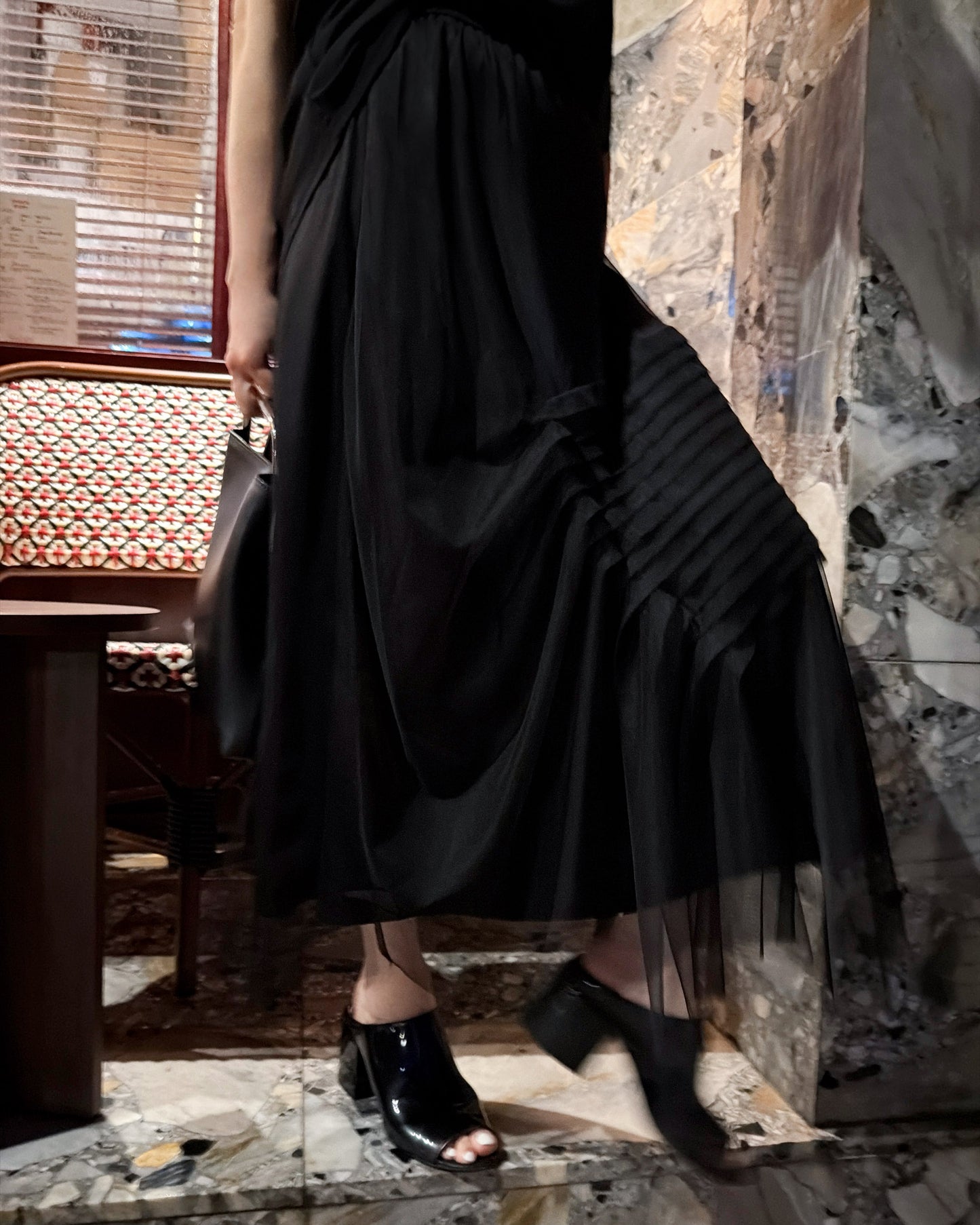 (Pre-order) aalis XAVIA pleated detail asymmetric mesh midi skirt (Black)