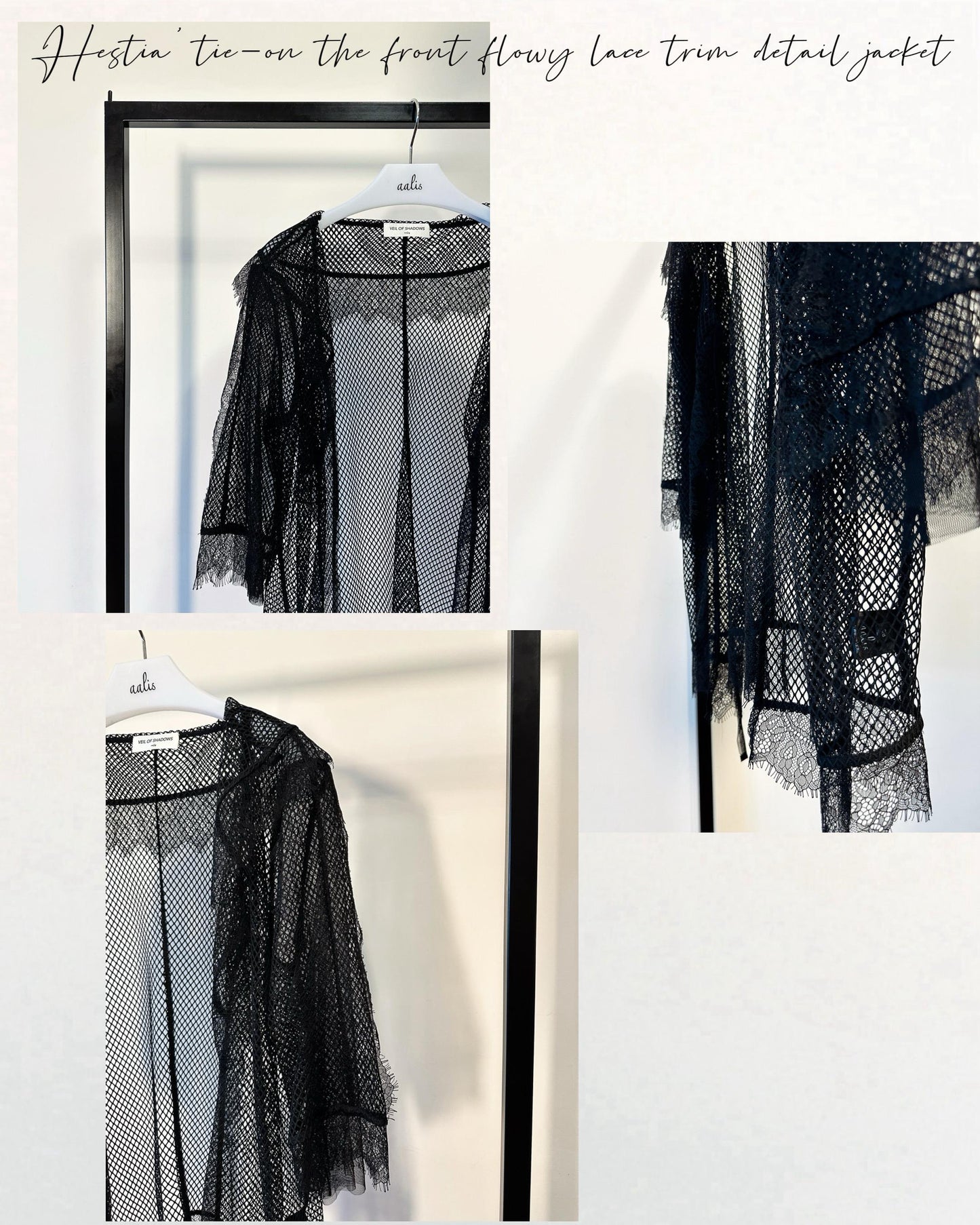 aalis HESTIE tie on the front flowy lace trim detail jacket (Black)