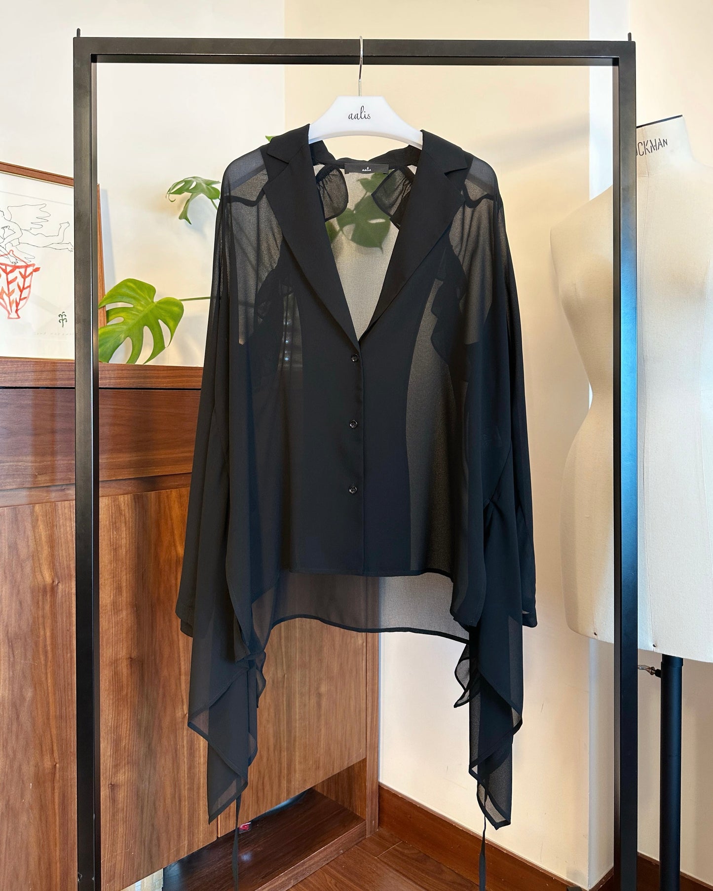aalis LUA ruffle detail tie on the waist chiffon shirt blazer (Black)