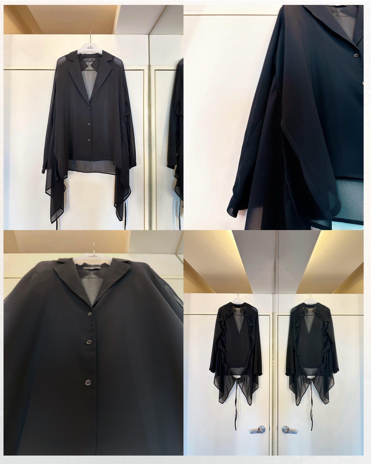 aalis LUA ruffle detail tie on the waist chiffon shirt blazer (Black)